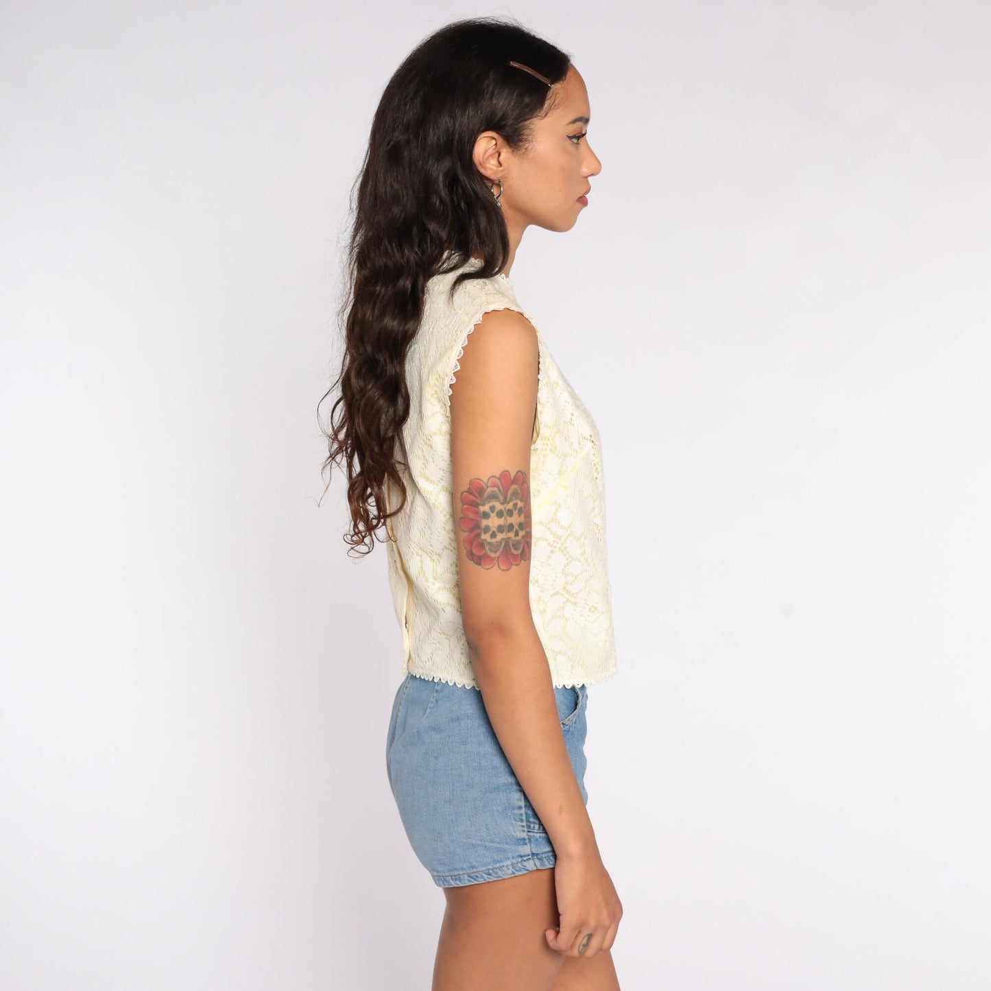 60s Cream Lace Crop Top Sleeveless Blouse Small