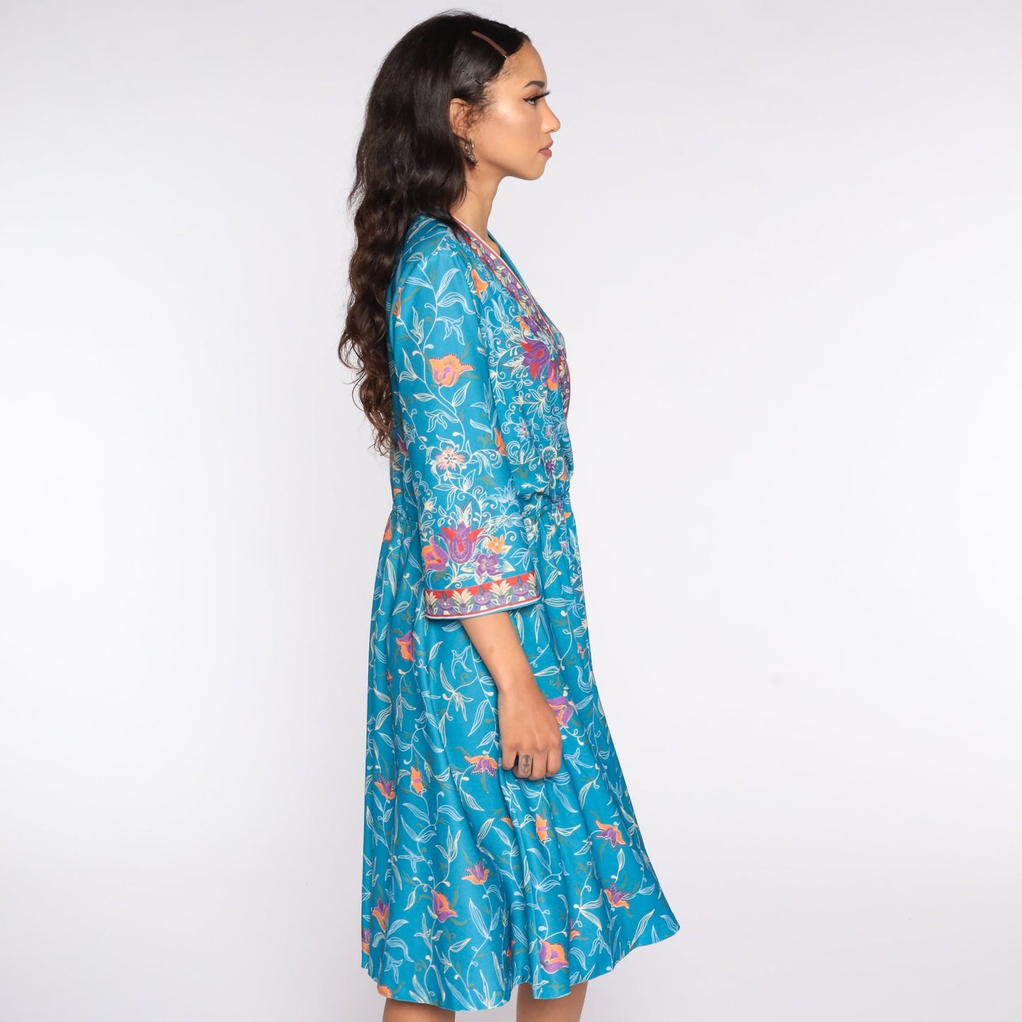 70s Blue Floral Wrap Midi Dress Deep V Neck Long Sleeve Extra Large