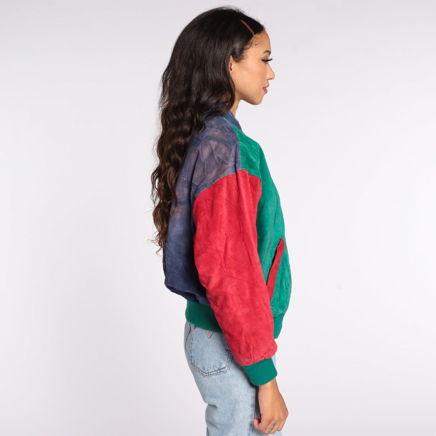 90s Wilsons Suede Varsity Jacket Colour Block Green Red Blue Small S