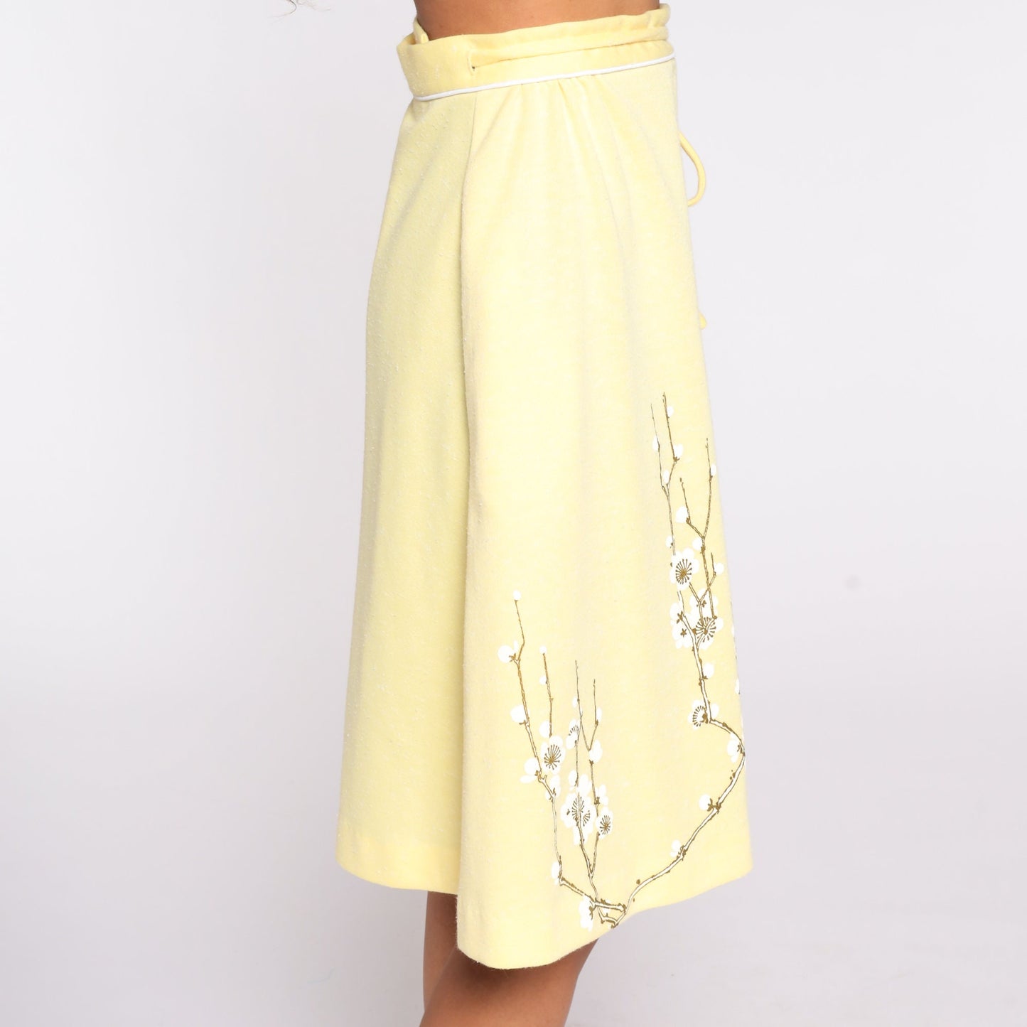 70s Alfred Shaheen Floral Midi Skirt Yellow High Waisted Extra Small
