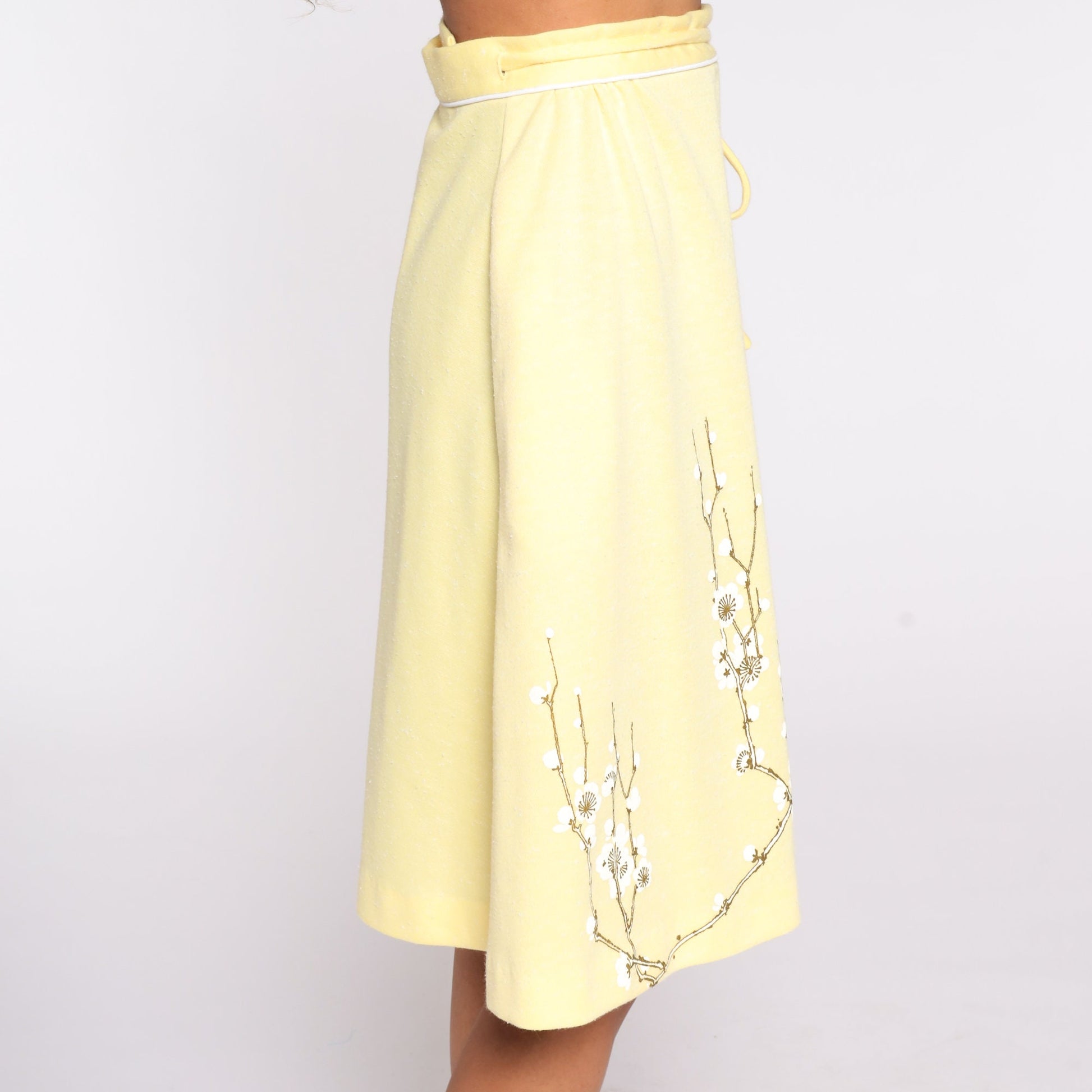 70s Alfred Shaheen Floral Midi Skirt Yellow High Waisted Extra Small