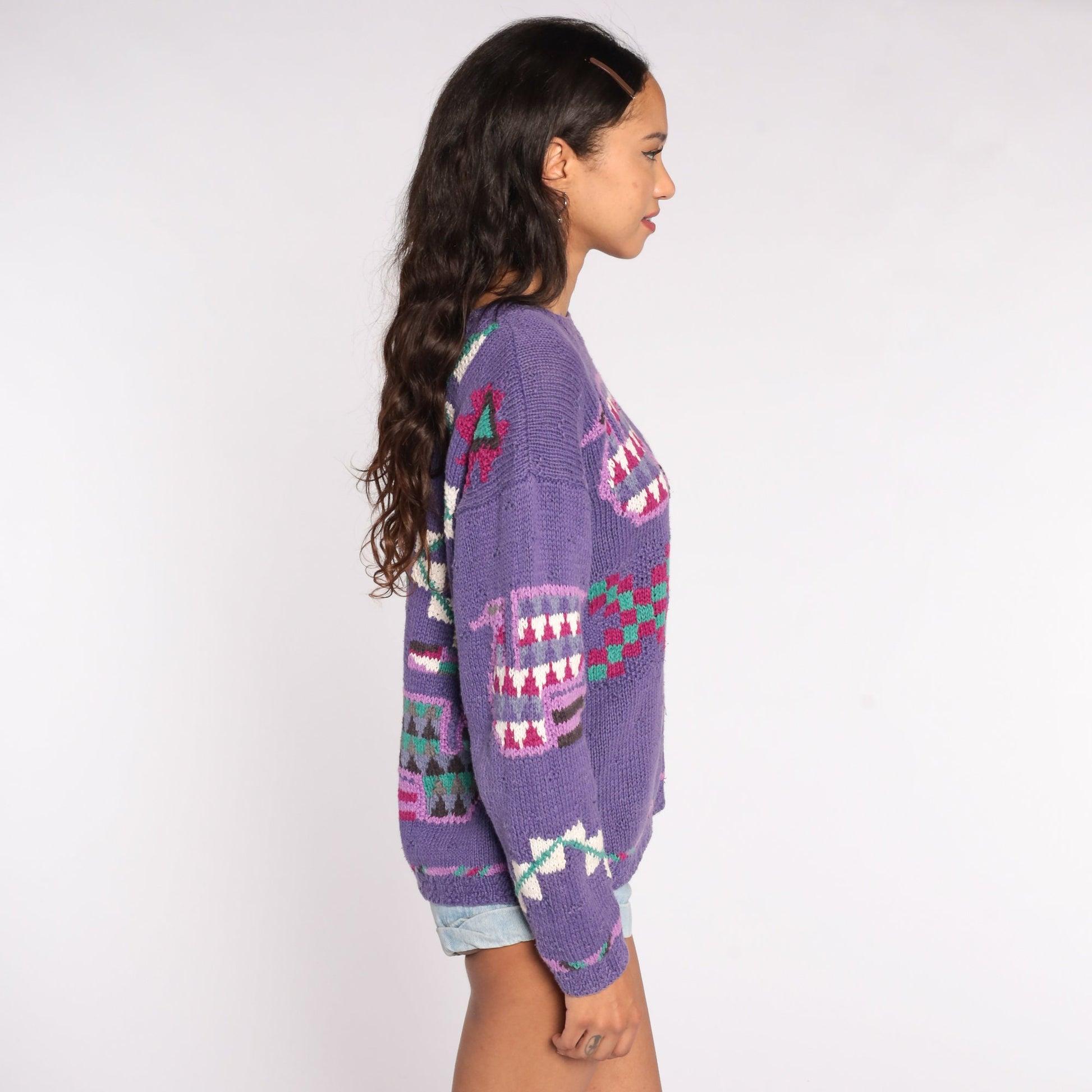 90s Purple Geometric Knit Sweater Cotton Ramie Pullover Medium