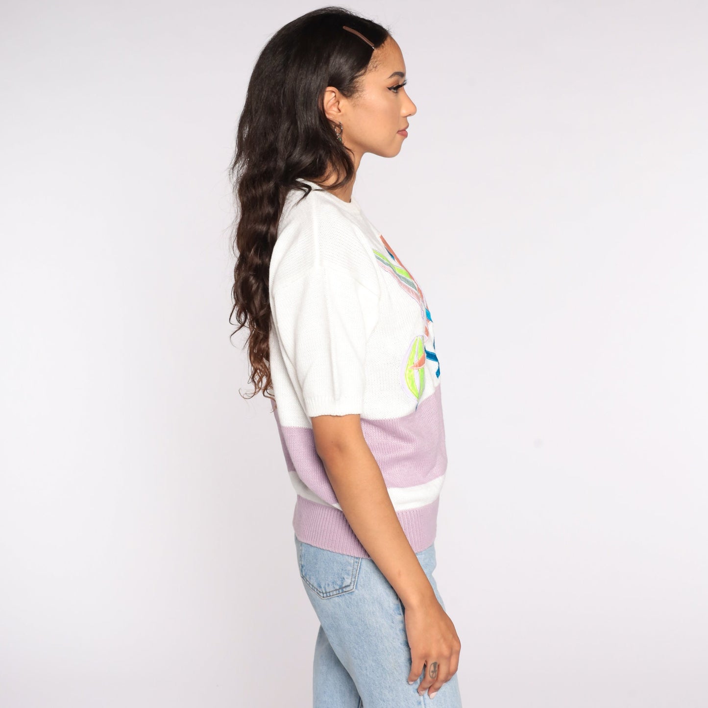 80s Tropical Beach Knit Top White Pink Colour Block Graphic Medium