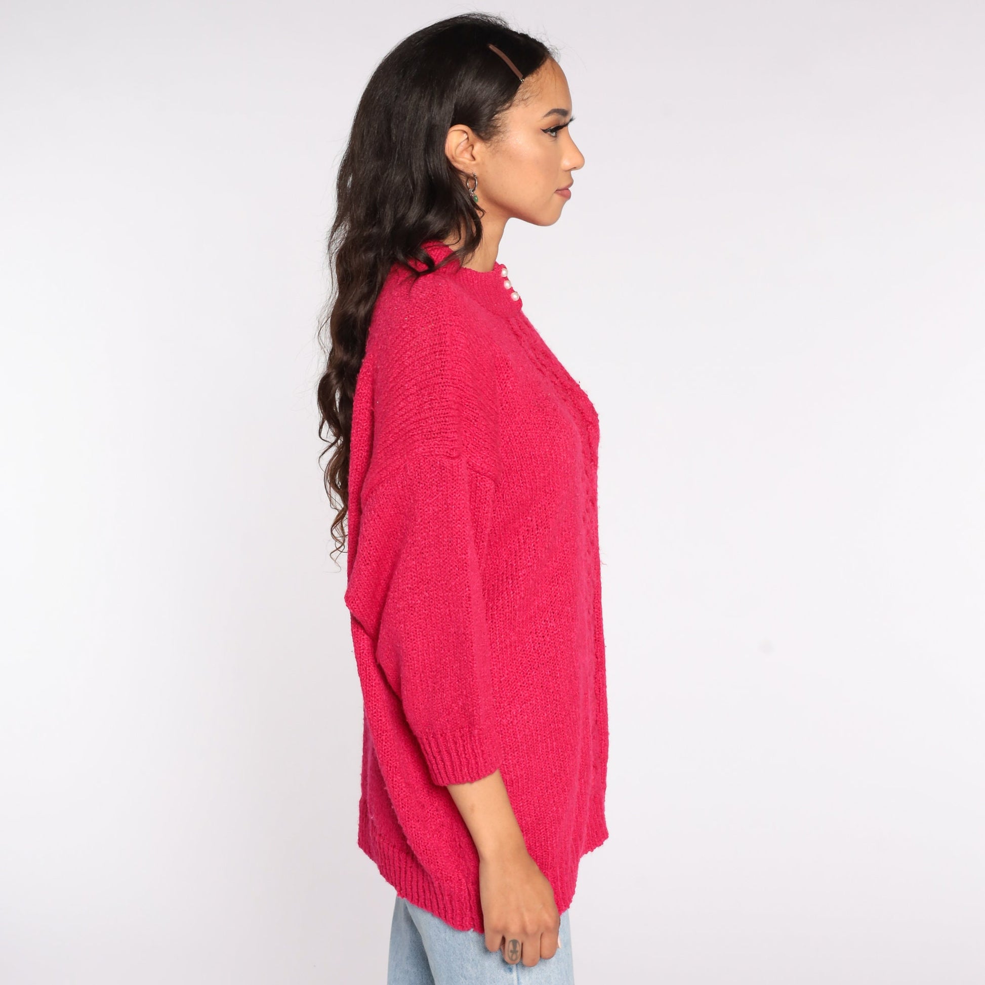 80s Hot Pink Cable Knit Sweater Pearl Button Pullover Extra Large XXL