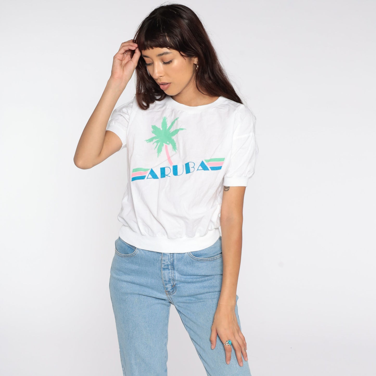 80s Aruba Palm Tree Graphic T-Shirt White Neon Small