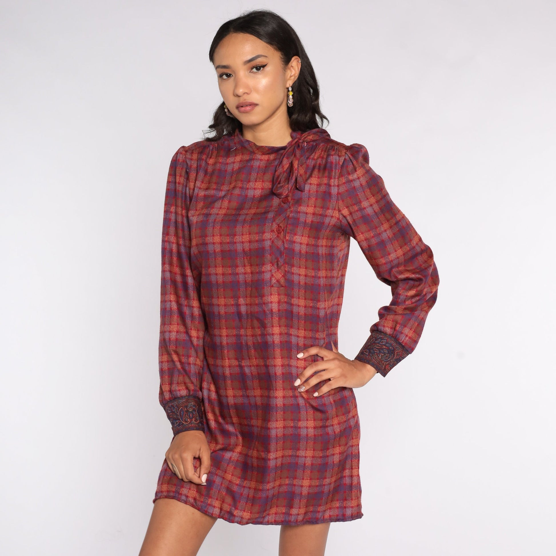 80s Plaid Mini Dress Red Brown Puff Sleeve Button Up Ascot Medium