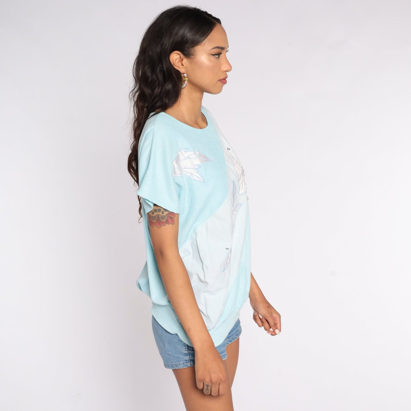 80s Floral Shirt Baby Blue Tropical Print Short Sleeve Blouse Plus Size XXL