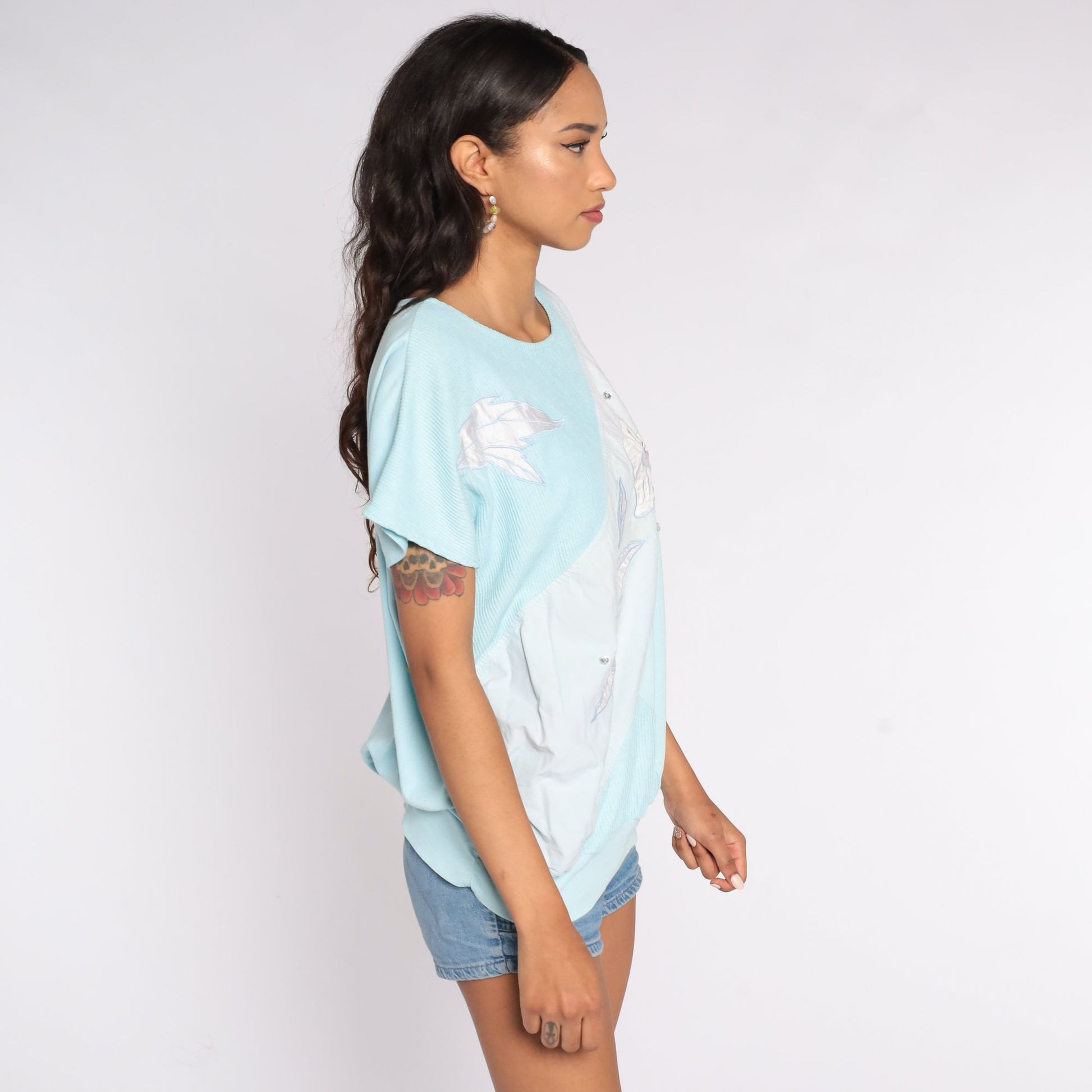 80s Floral Shirt Baby Blue Tropical Print Short Sleeve Blouse Plus Size XXL