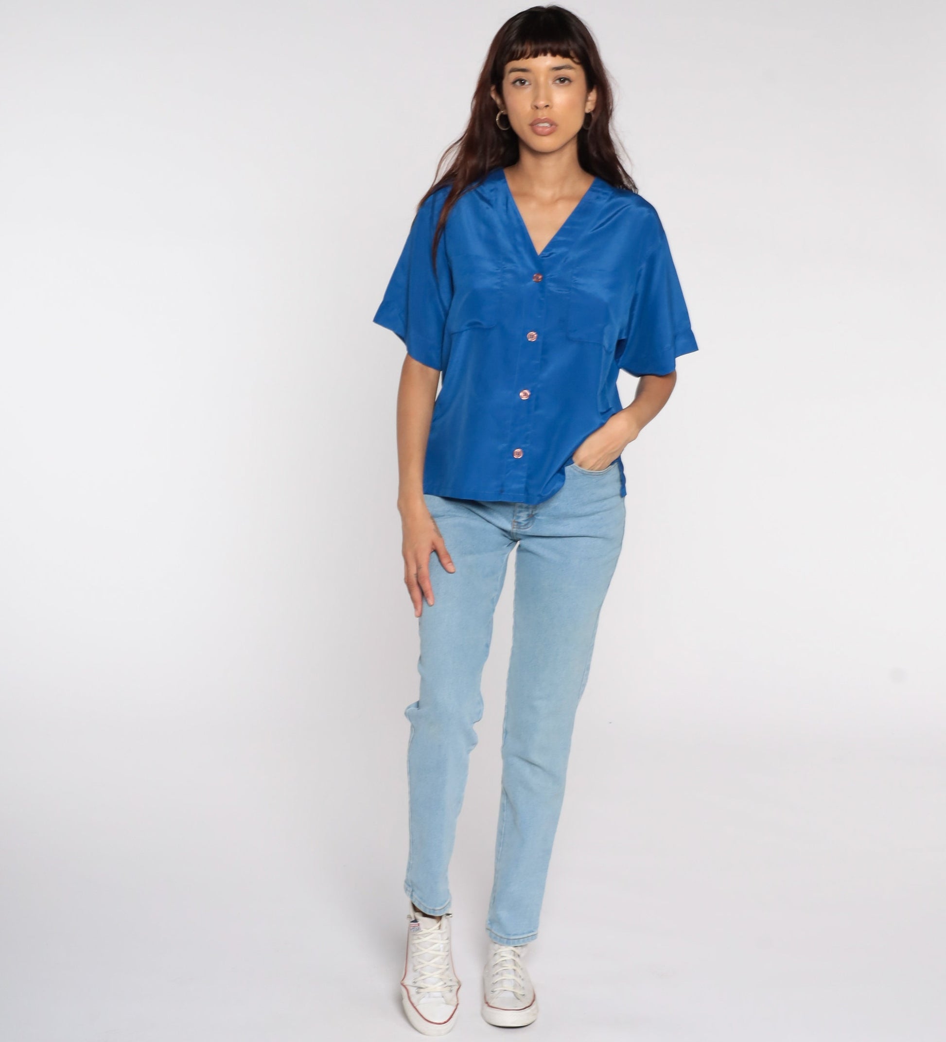 80s Royal Blue Button-Up Shirt Short Sleeve Blouse Medium