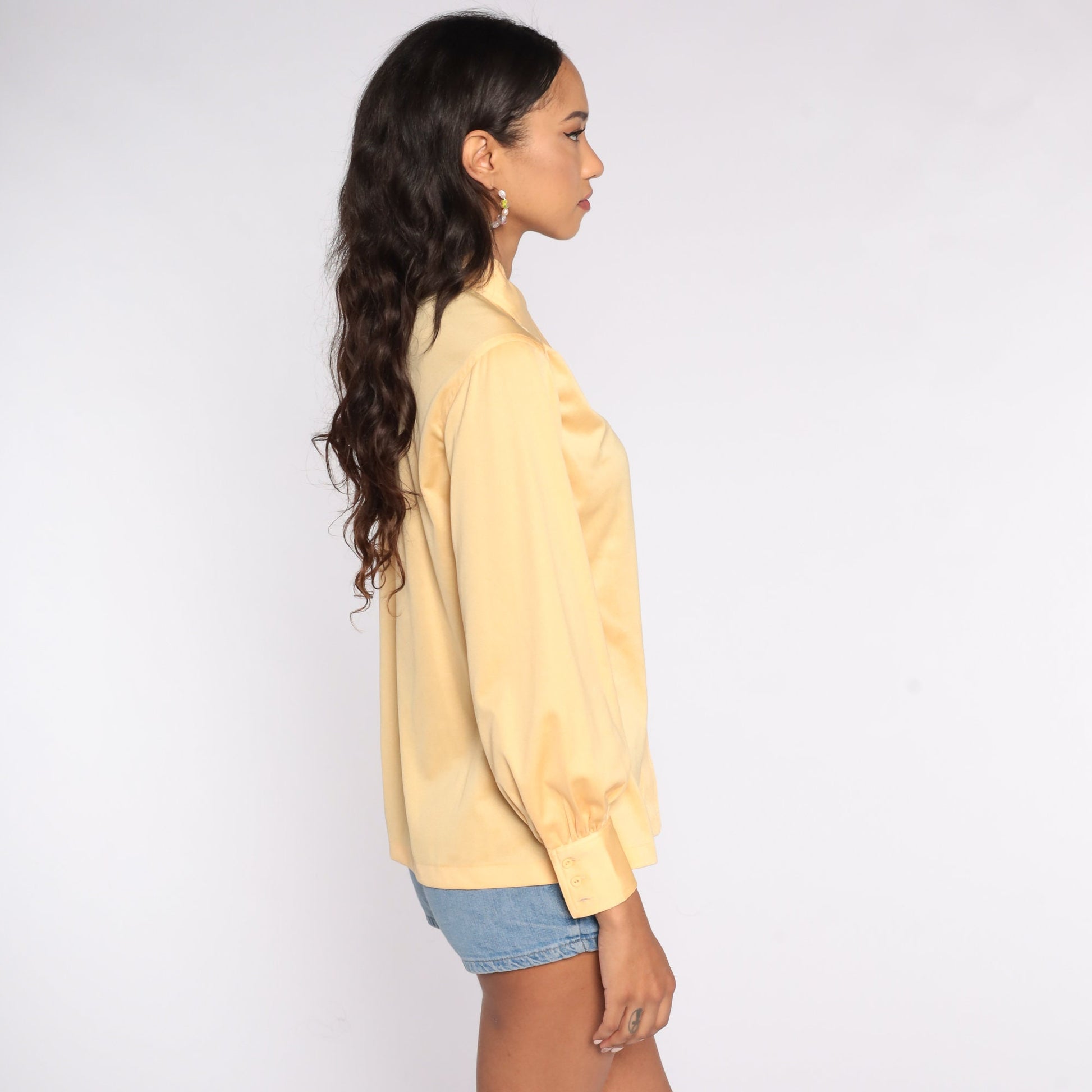 70s Orange Long Sleeve Button Up Shirt Dagger Collar Disco Blouse Medium