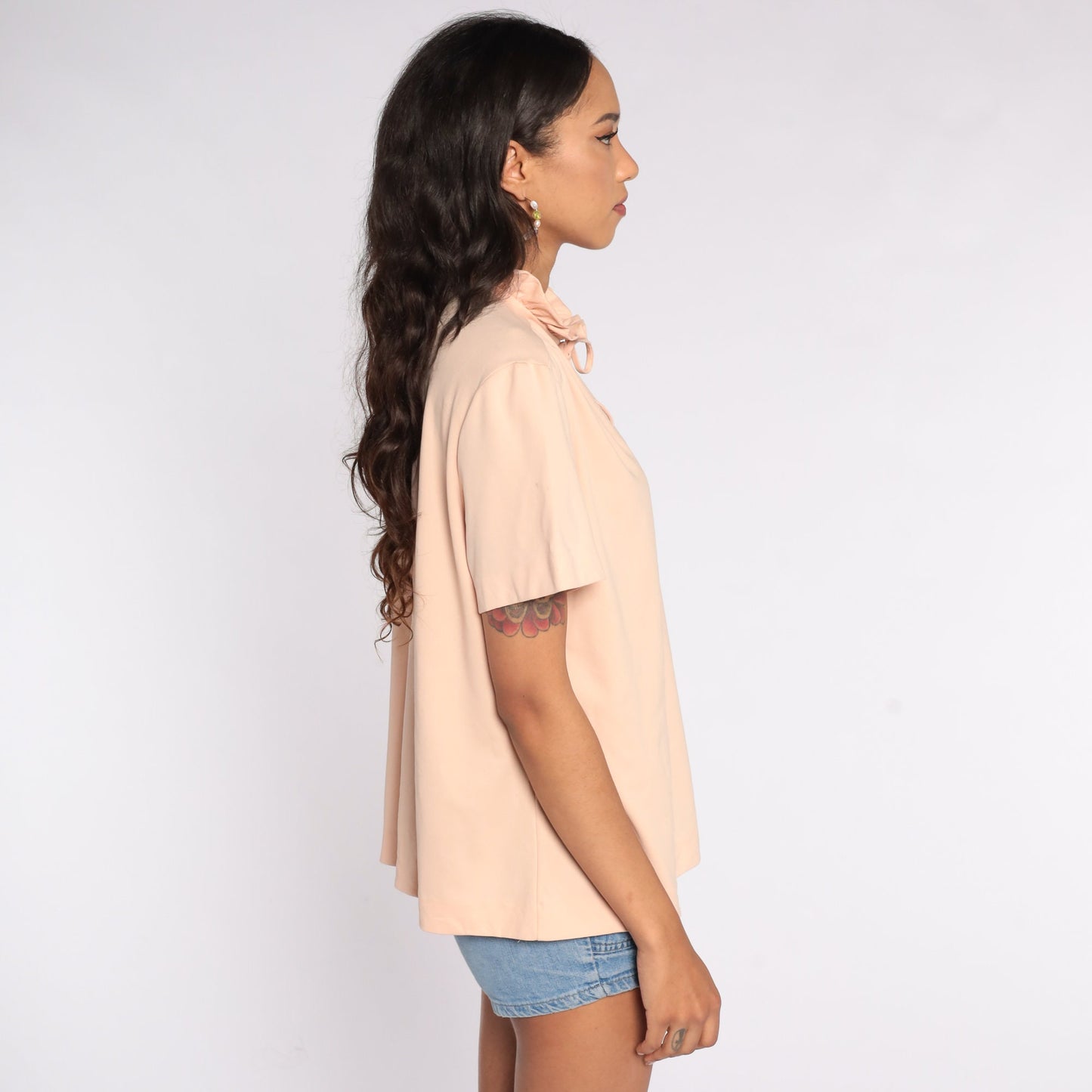 70s Peach Ruffle Neck Blouse Short Sleeve Polyester Shirt Extra Large XL