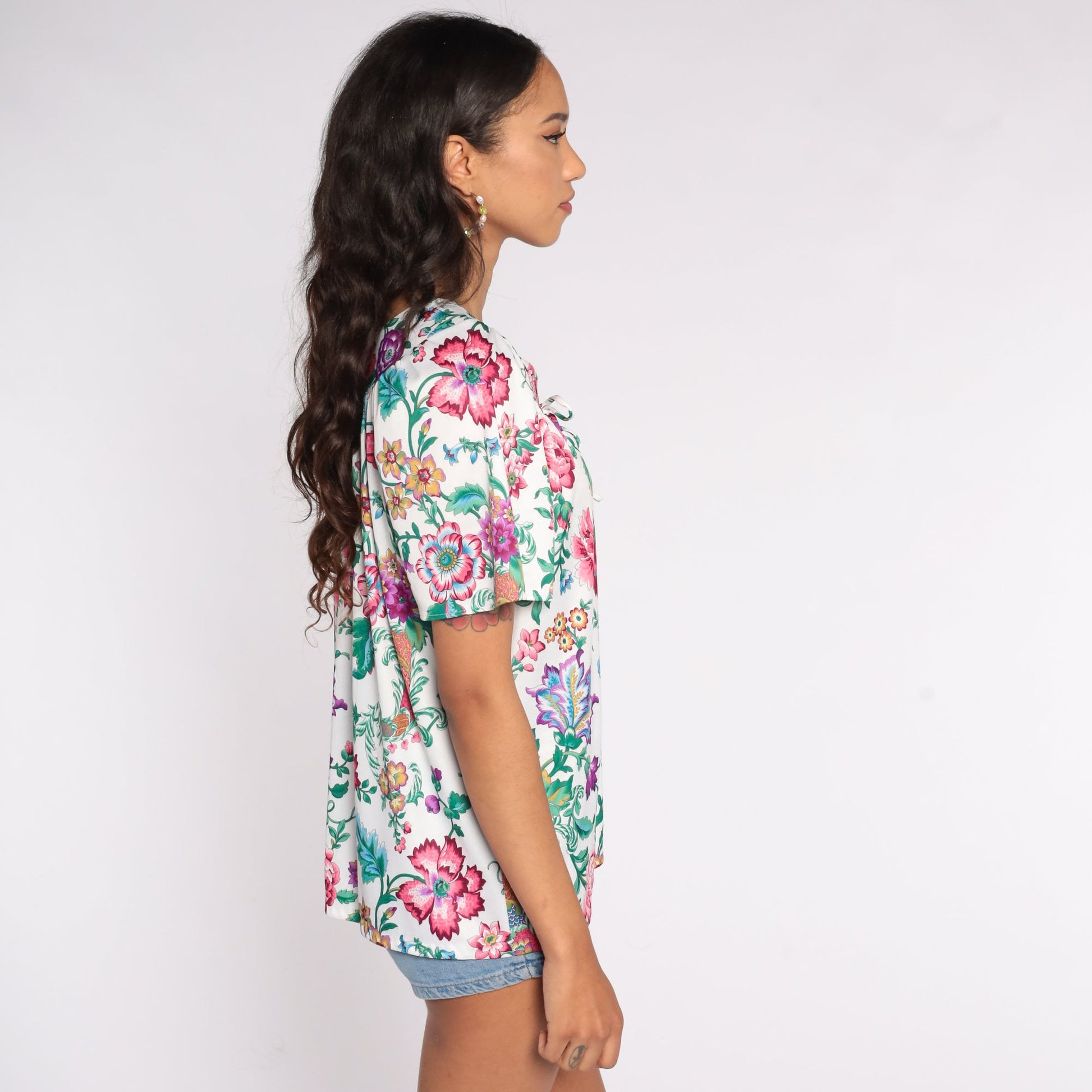 70s Floral Print Blouse White Tent Cut Flutter Sleeve Vintage Shirt Large L