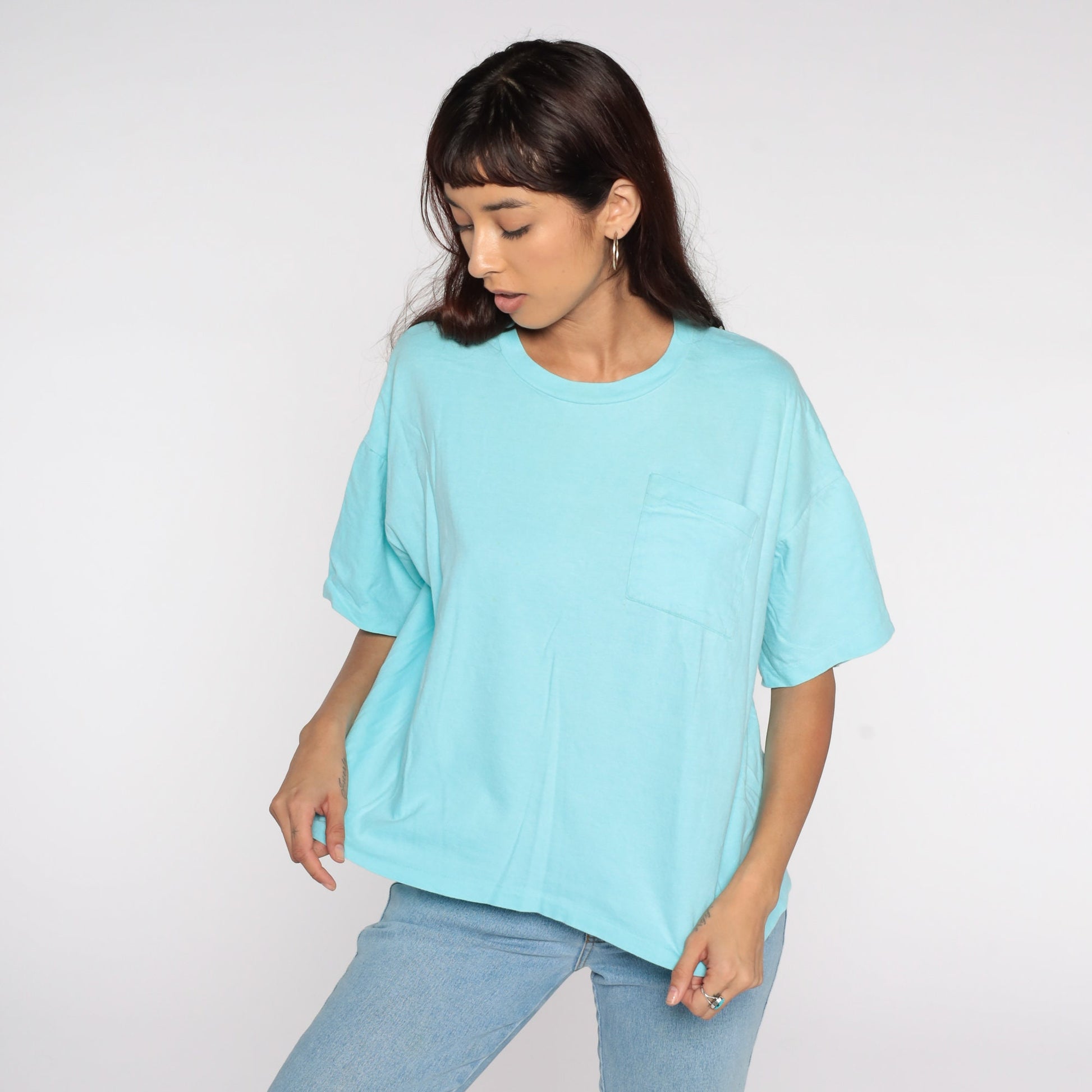 80s Blue Pocket T-Shirt Cotton Plain Crewneck Large