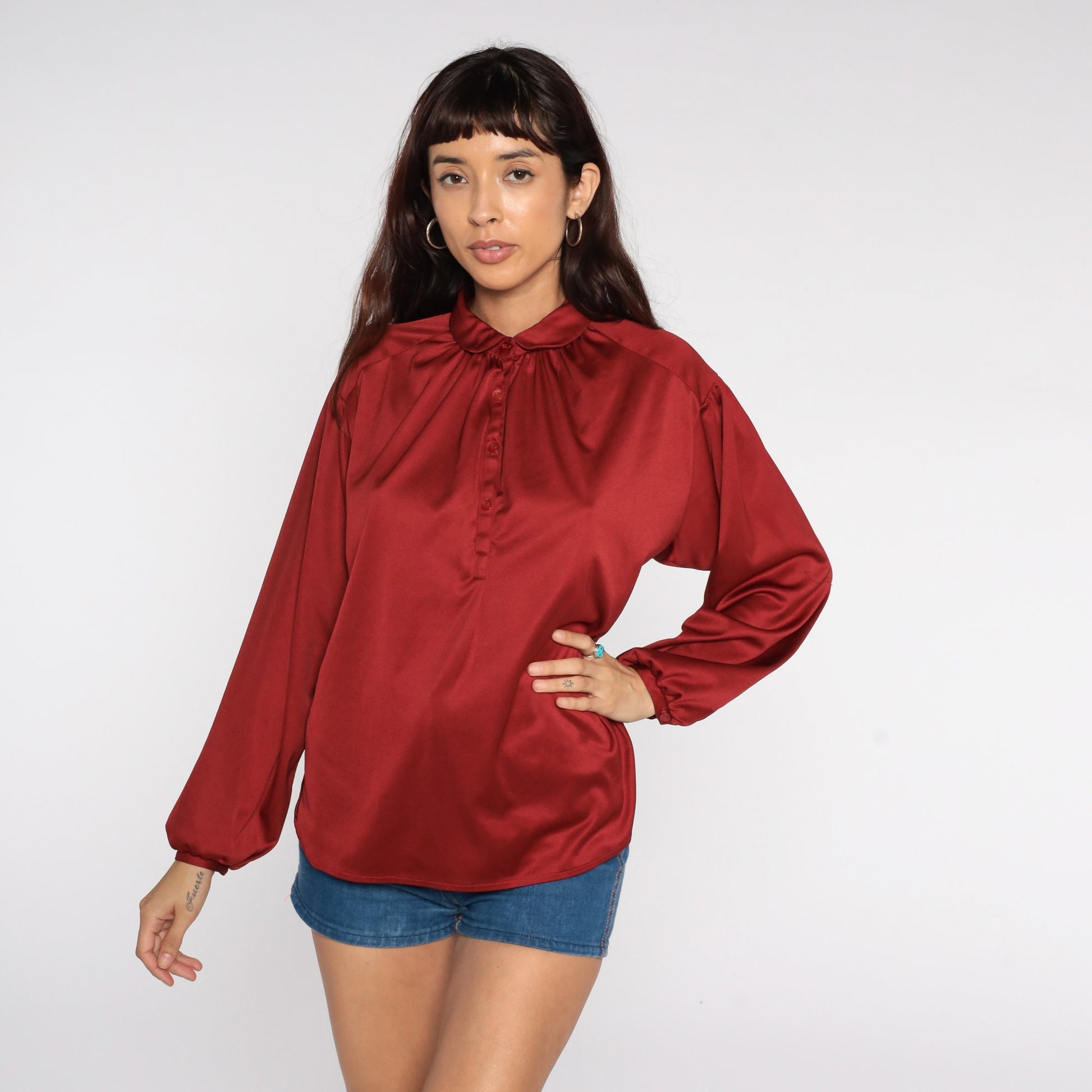 70s Rust Red Silky Blouse Peter Pan Collar Long Sleeve Disco Shirt Large L