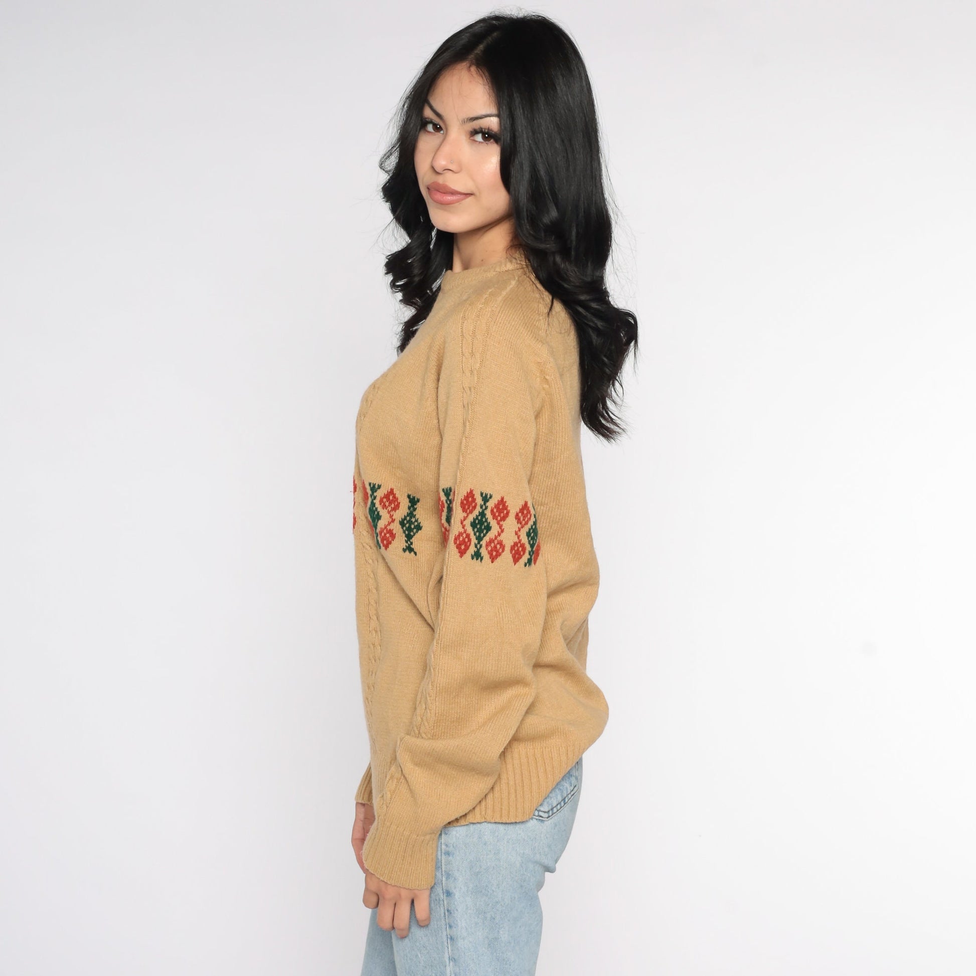 70s Robert Bruce Cable Knit Sweater Tan Geometric Pullover Large
