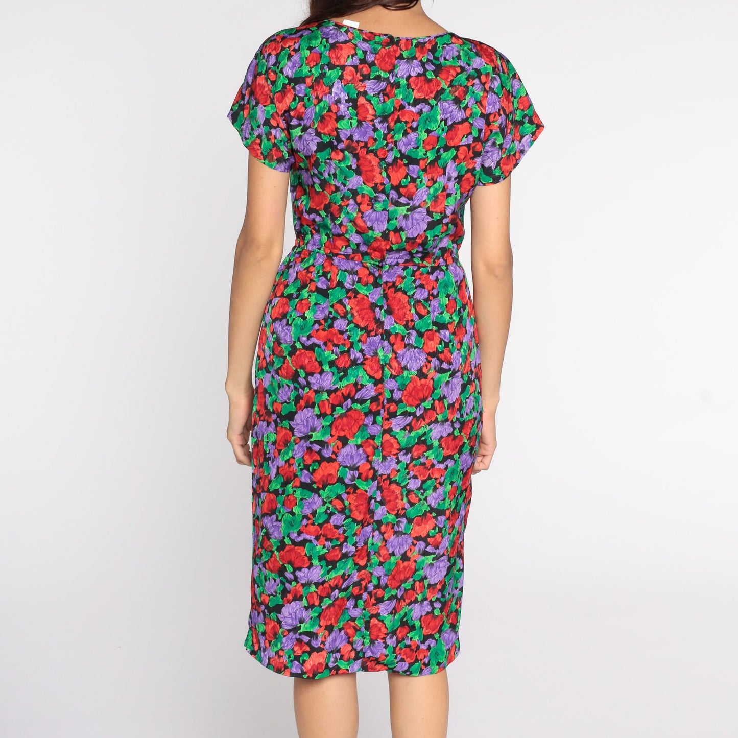 80s Floral Midi Dress High Waisted Pencil Button Back Short Sleeve Small