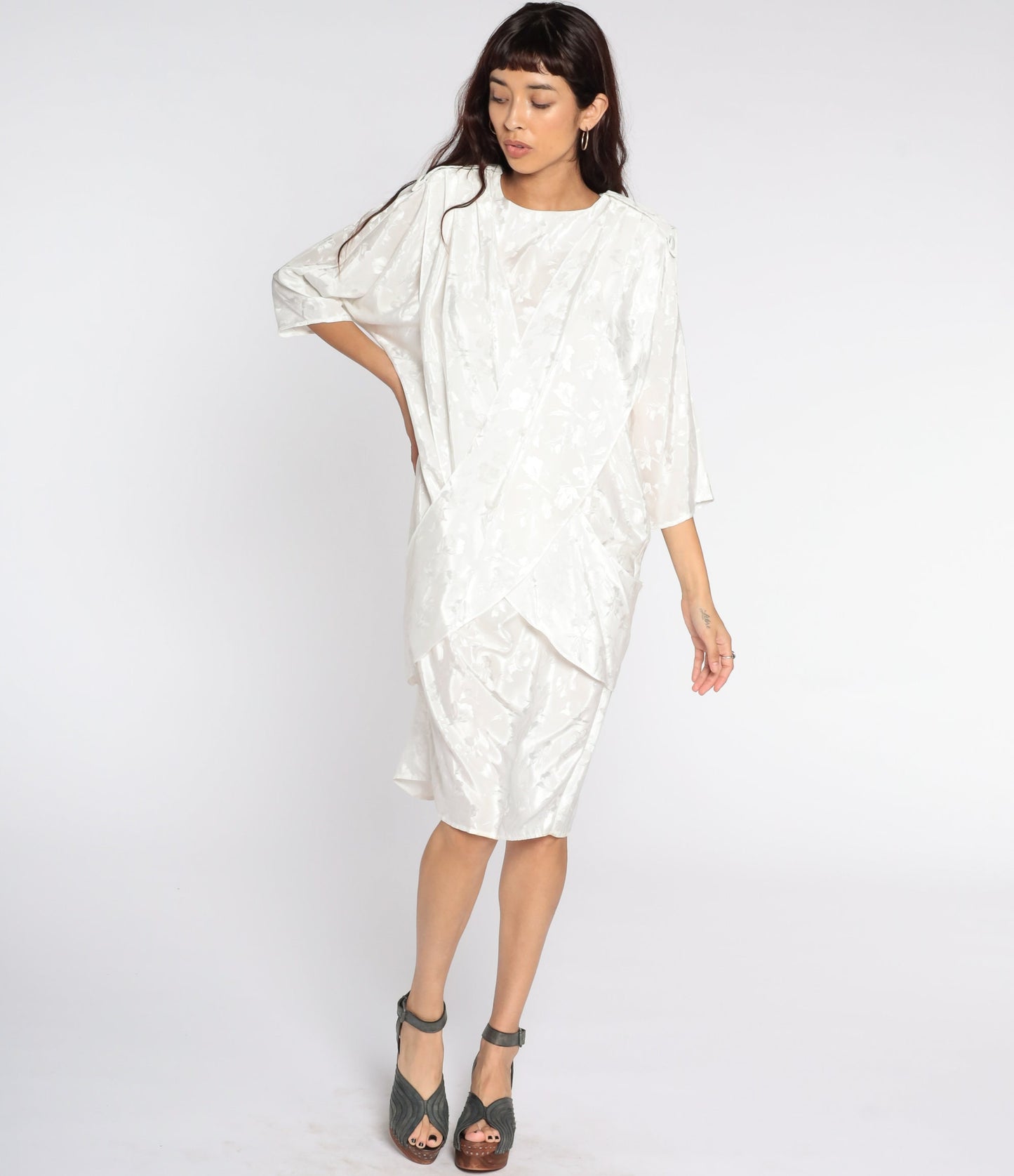 80s All That Jazz White Floral Embossed Midi Dress Draped Panel Medium
