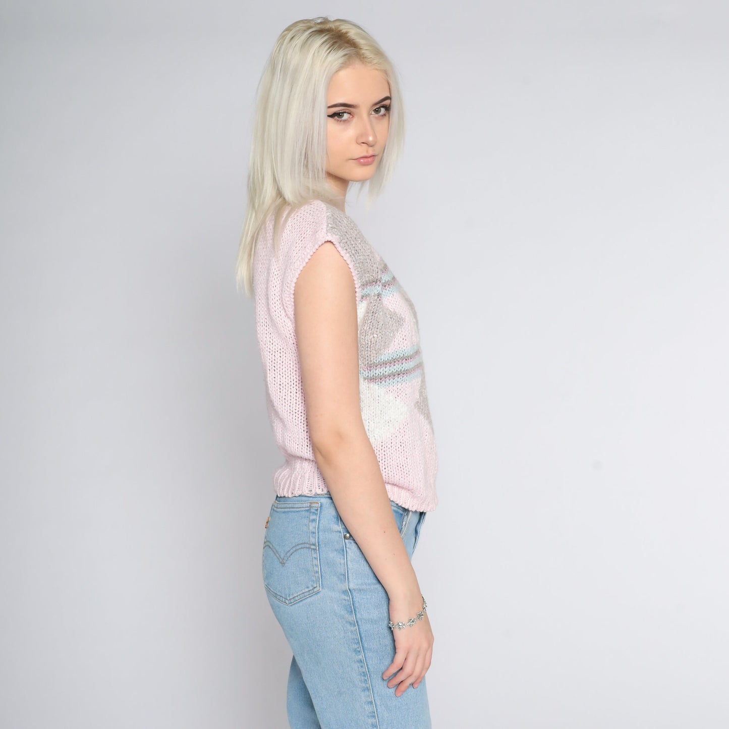 80s Geometric Colour Block Knit Top Baby Pink Cap Sleeve Medium