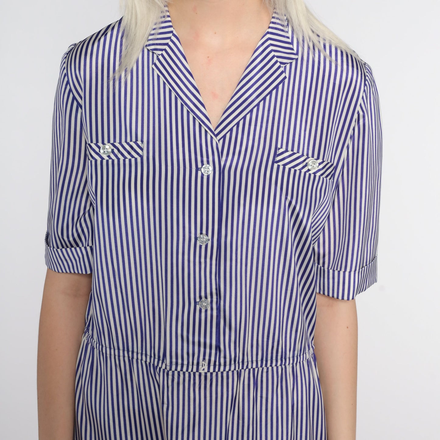80s Purple White Striped Mini Dress Button Up Short Sleeve Small Medium