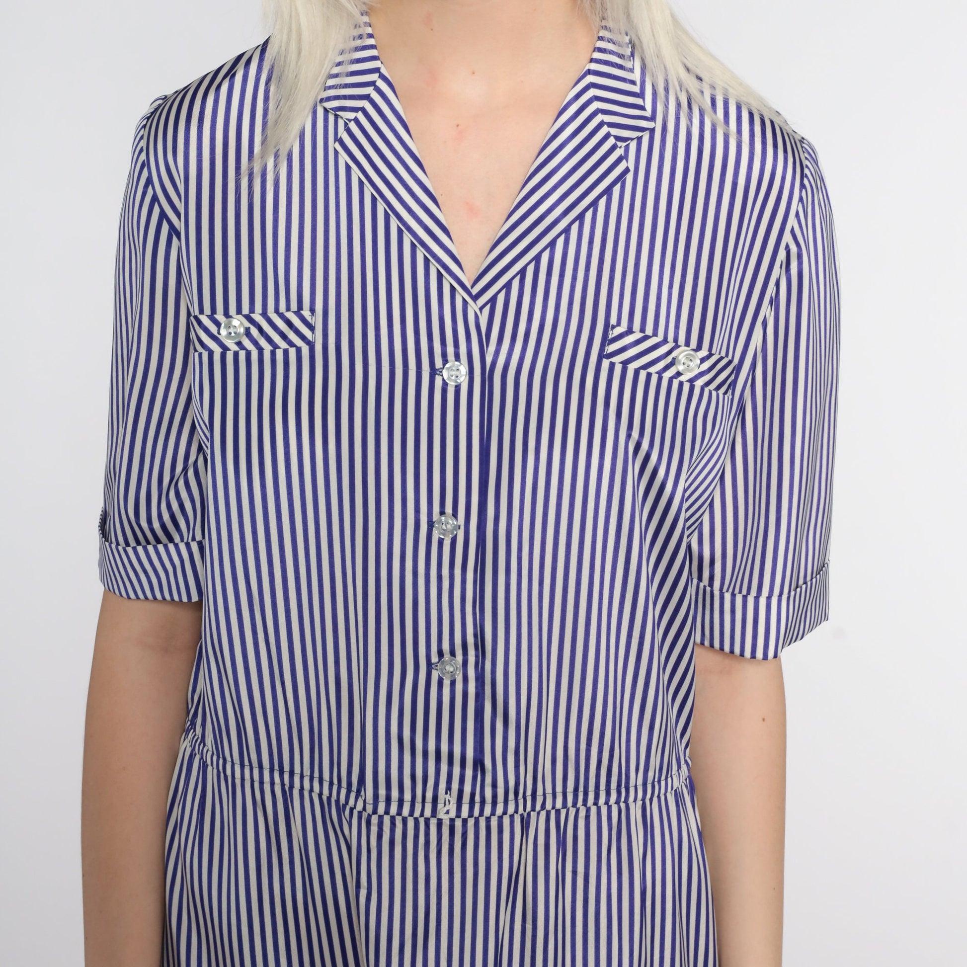 80s Purple White Striped Mini Dress Button Up Short Sleeve Small Medium