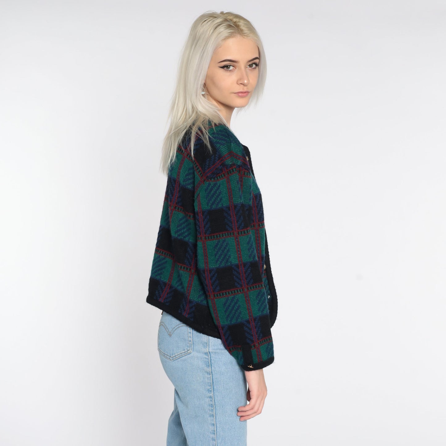 80s Checkered Cardigan Sweater Green Black Knit Button-Up Large