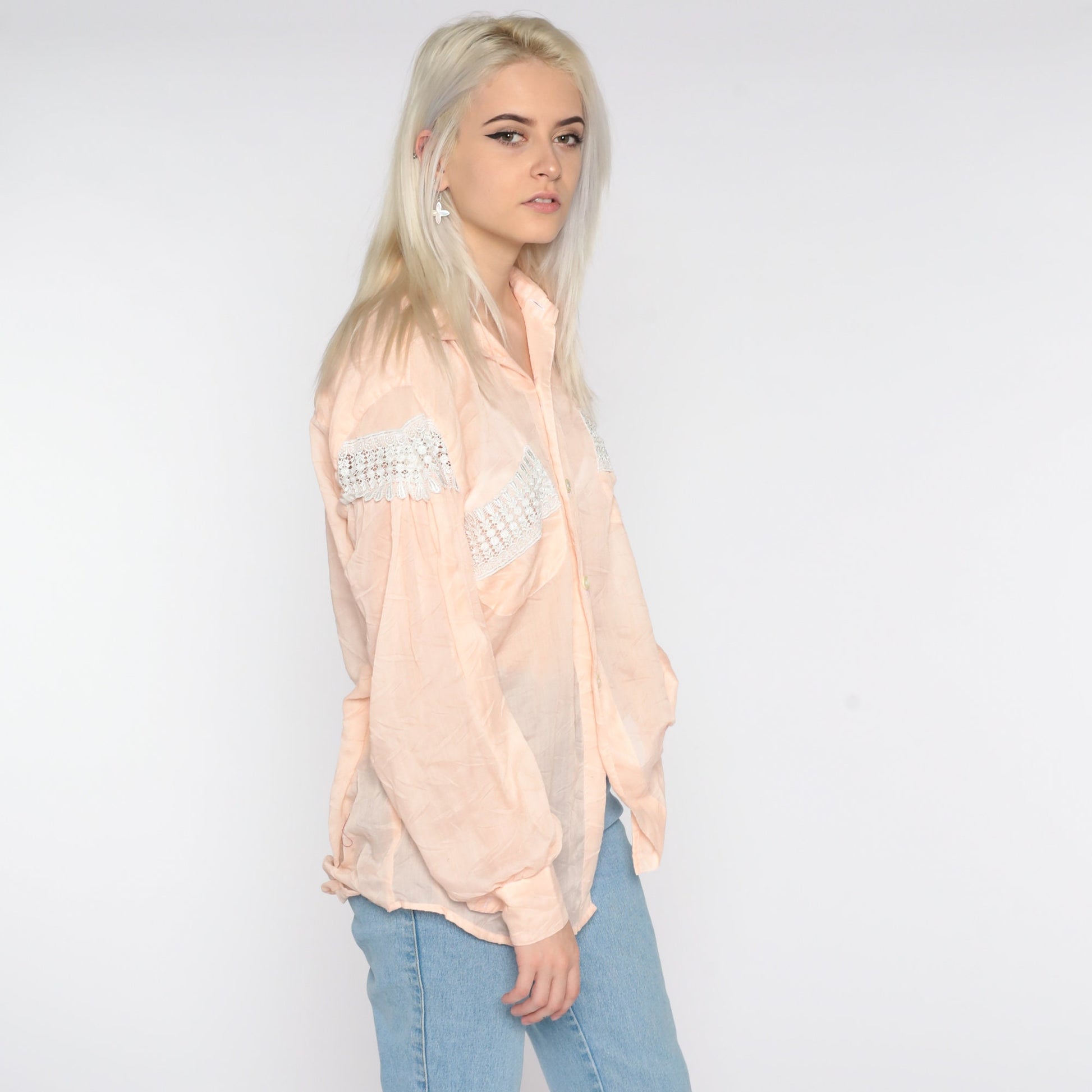 90s Sheer Crochet Lace Button-Up Blouse Peach Pink Long Sleeve Extra Large