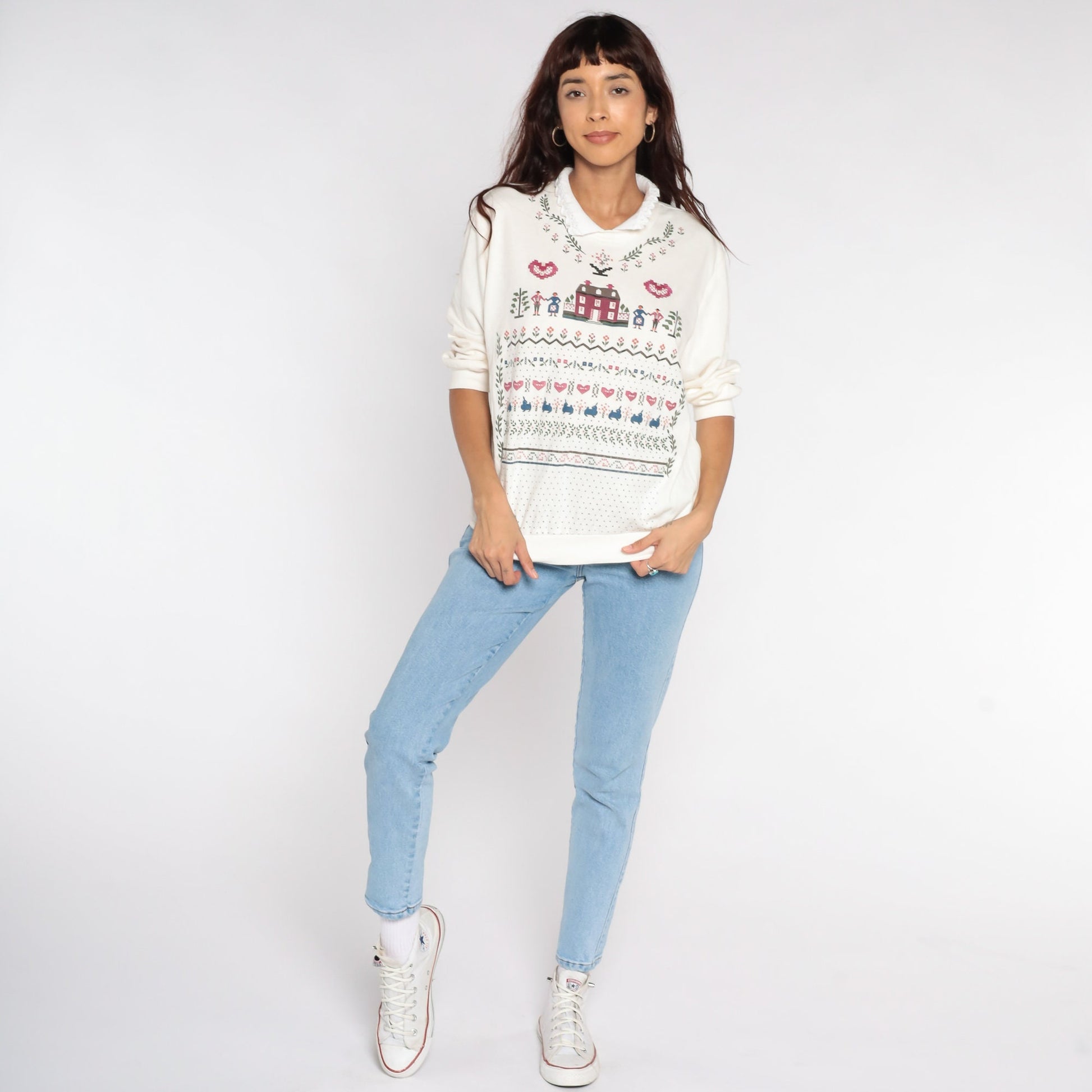 90s Country Home Collared Sweatshirt Cream Graphic Crewneck Large