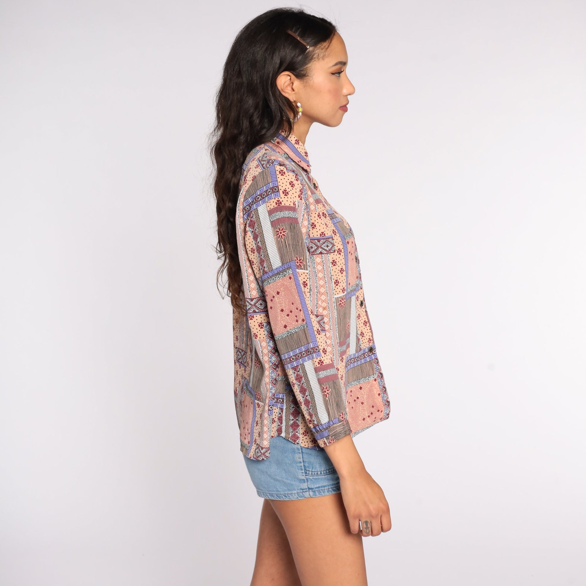 Y2K Patchwork Button-Up Blouse Geometric Paisley Peach Pink Long Sleeve Medium