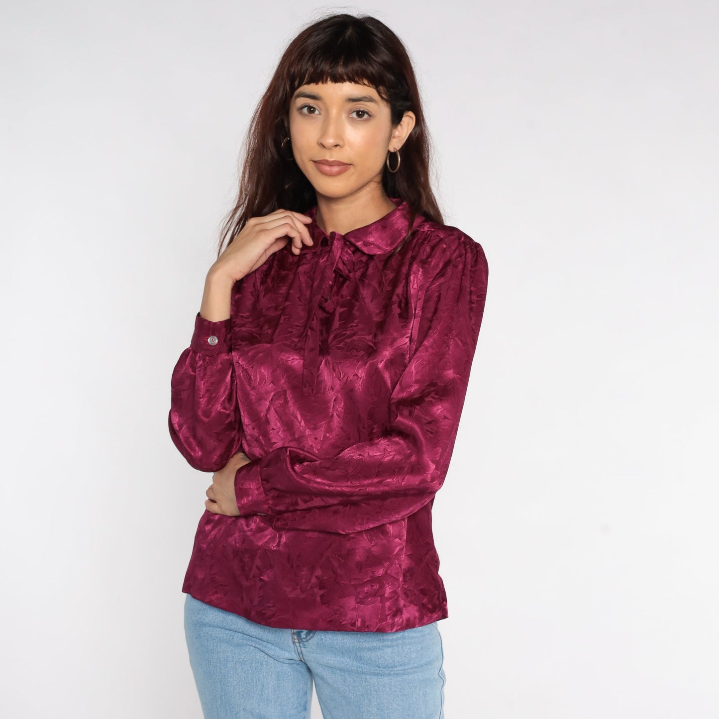 80s Purple Puff Sleeve Blouse Peter Pan Collar Floral Embossed Top Medium Large