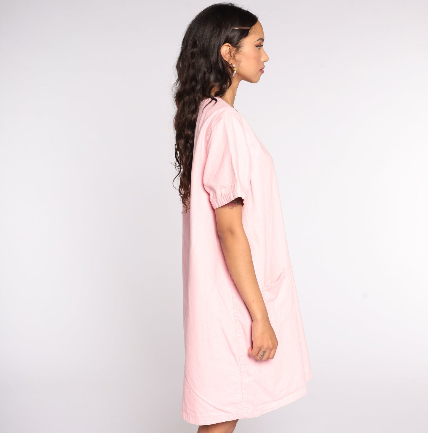 90s Baby Pink Shift Dress Cotton Pocket Mini Extra Large XL