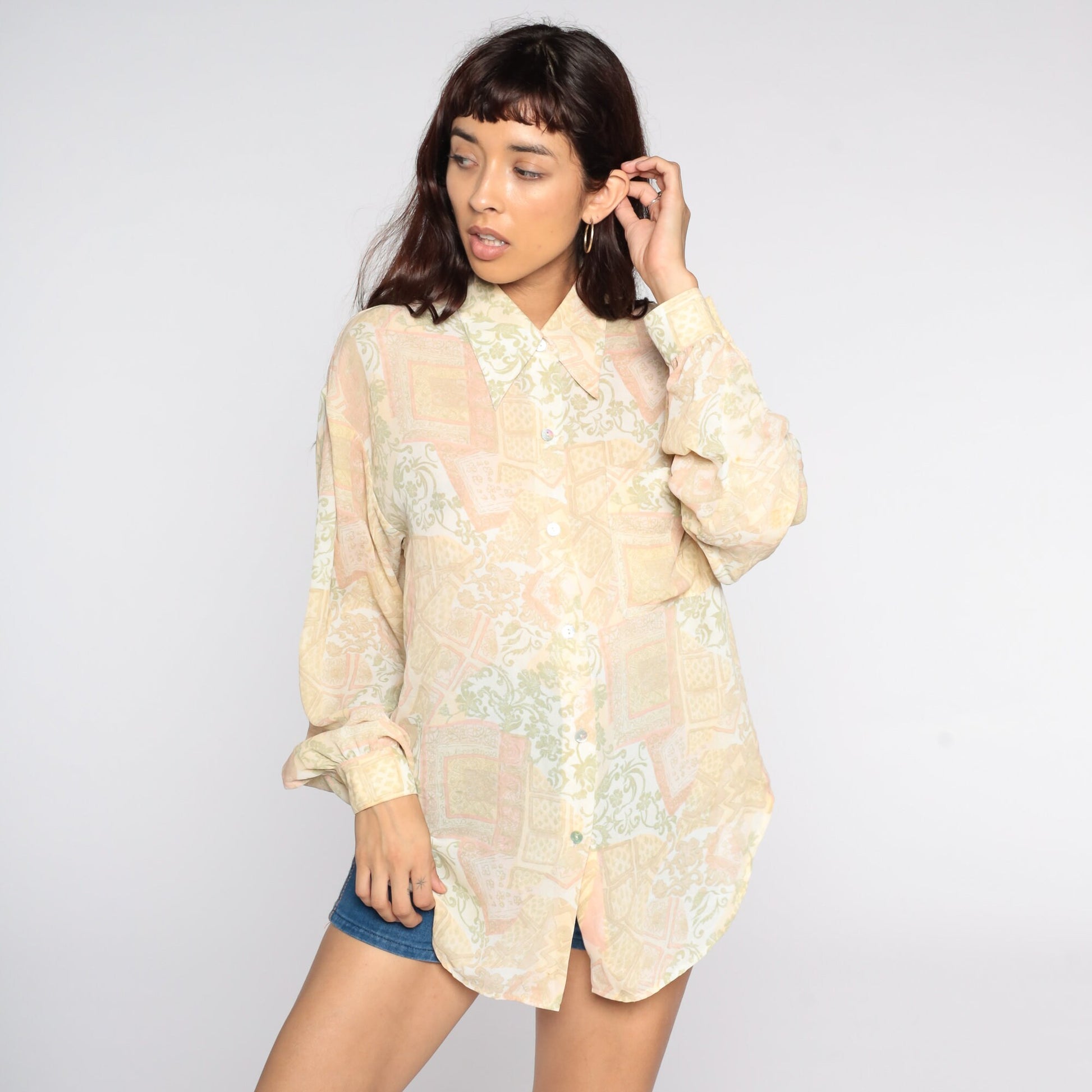 70s Yellow Geometric Floral Button-Up Blouse Dagger Collar Long Sleeve Medium