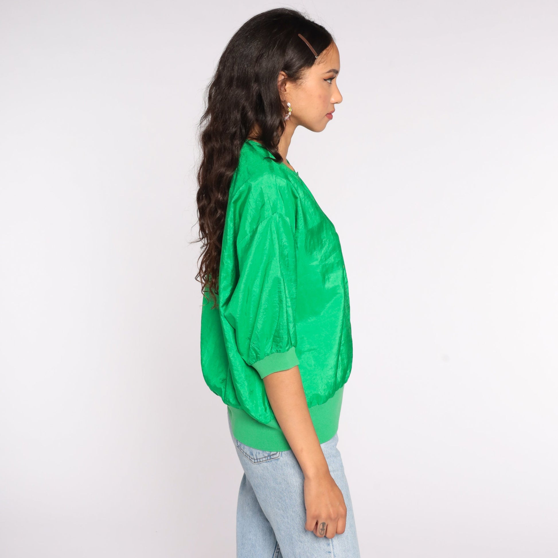 80s Shiny Green Button Neck Blouse Short Sleeve Large