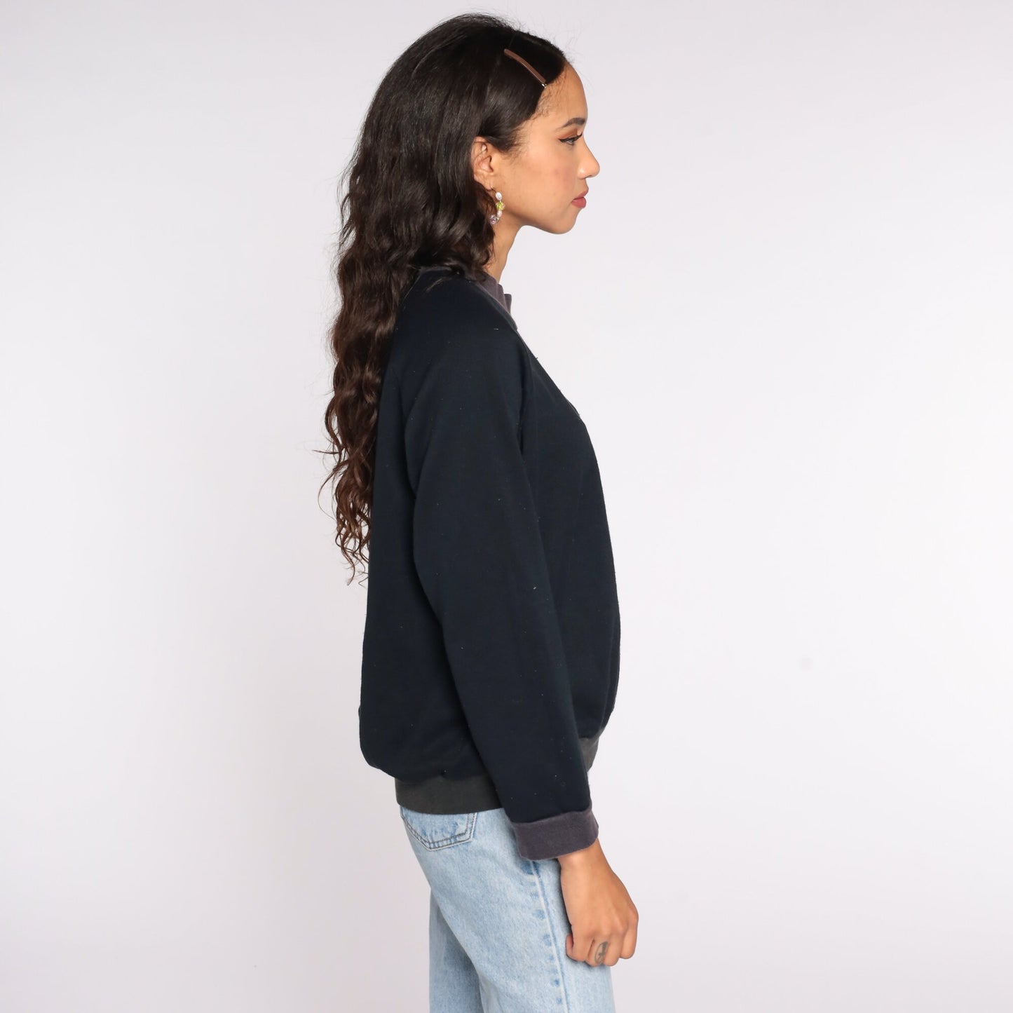 80s Black Crewneck Sweatshirt Grey Trim Long Sleeve Medium