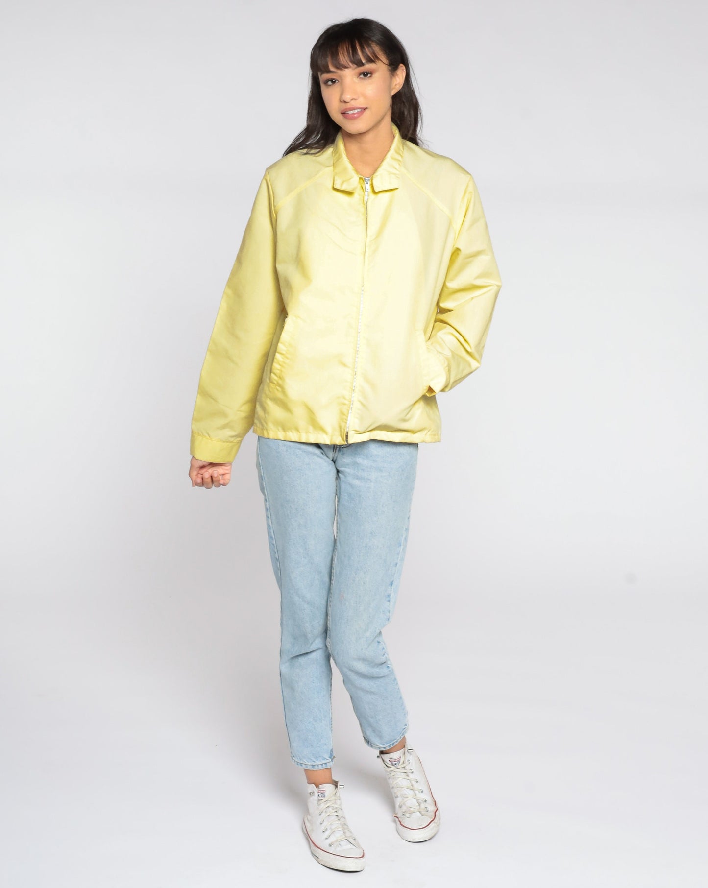 80s Yellow Windbreaker Jacket Zip Up Lightweight Cotton Poly Medium
