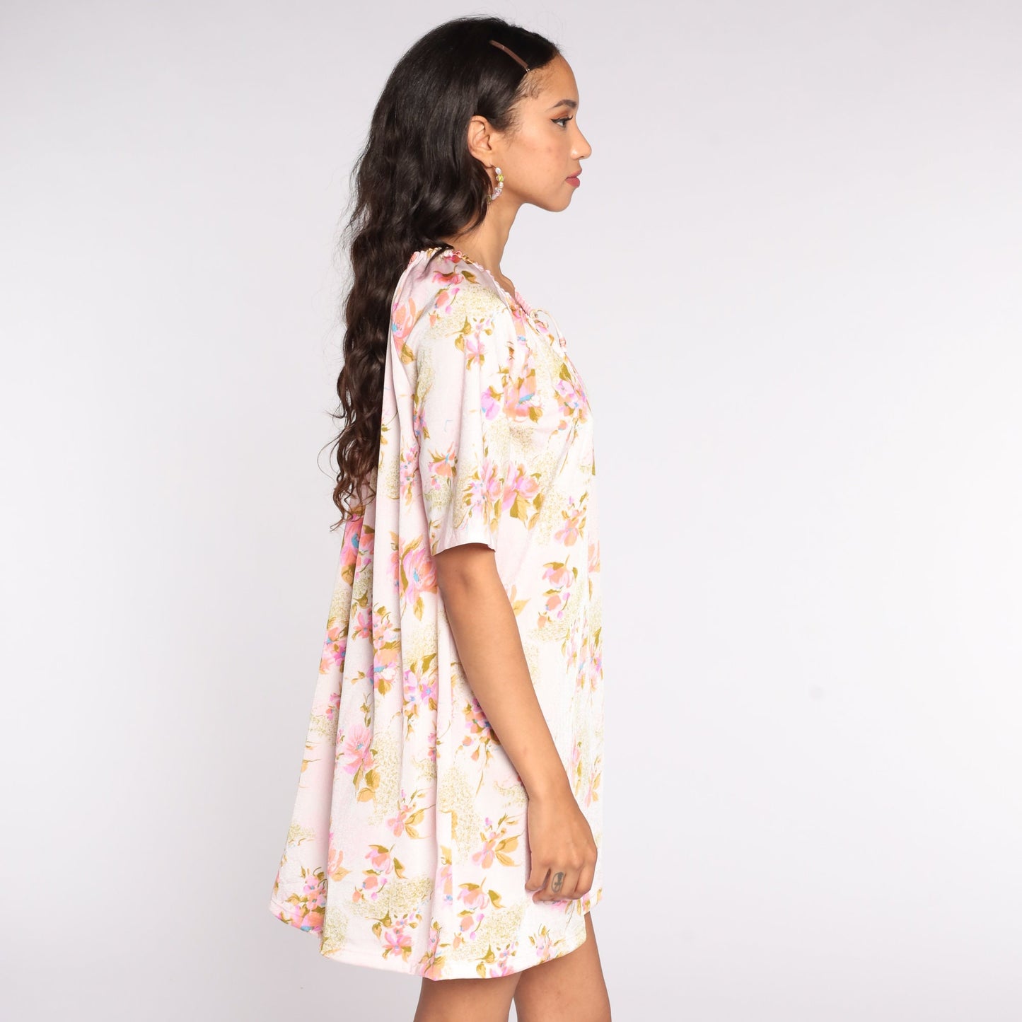 70s Floral Mini Dress Keyhole Shift Short Sleeve Pink Medium Large