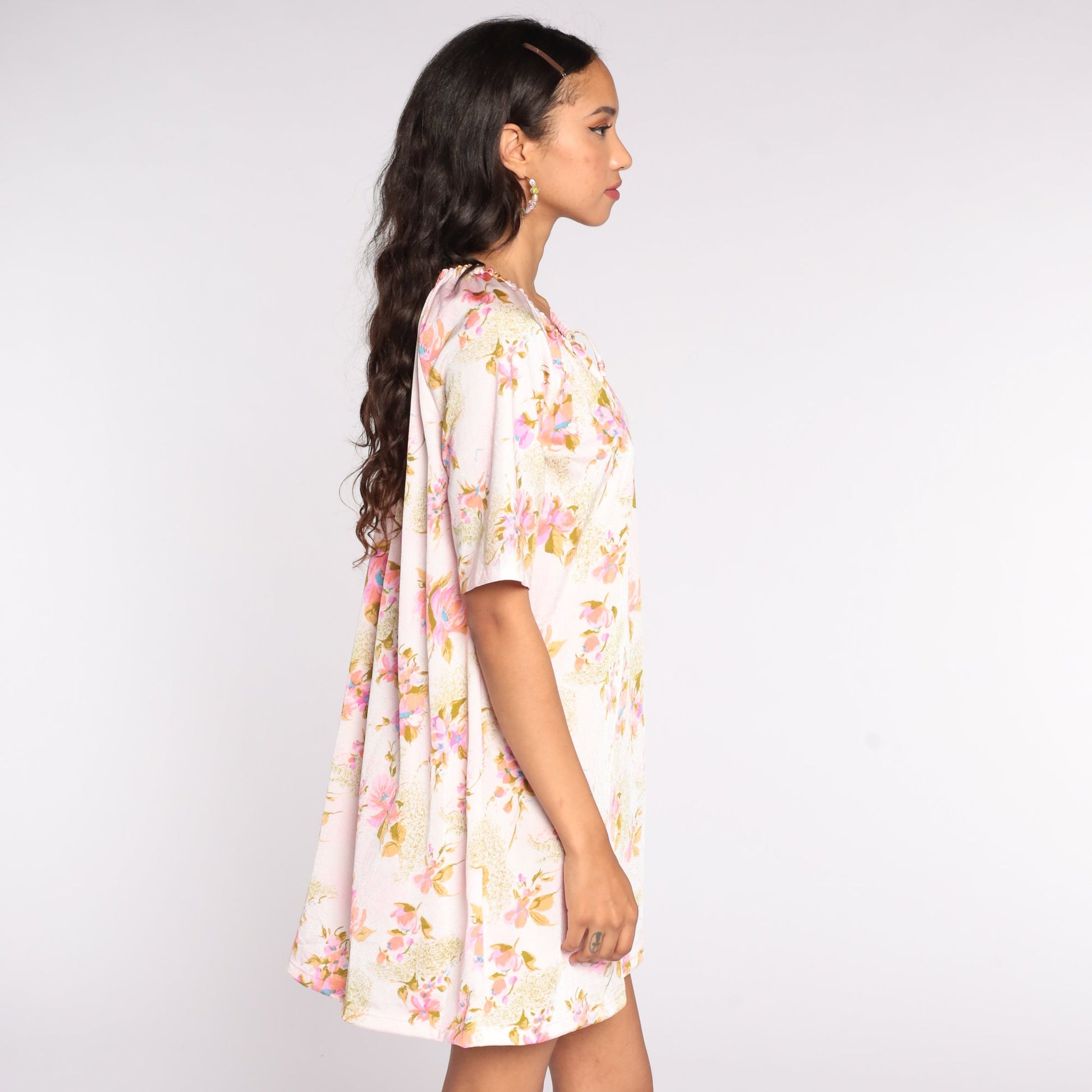 70s Floral Mini Dress Keyhole Shift Short Sleeve Pink Medium Large