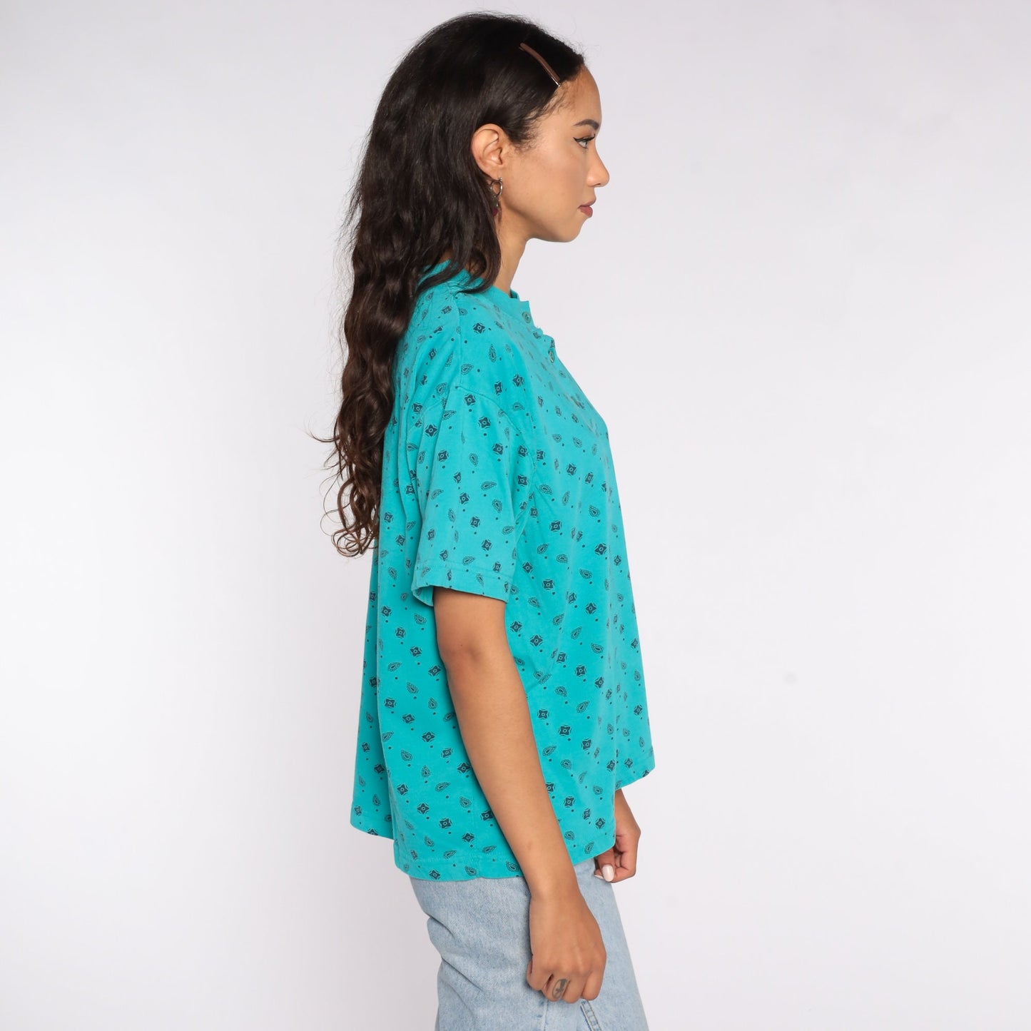 80s Turquoise Paisley Henley Button-Up Shirt Short Sleeve Large