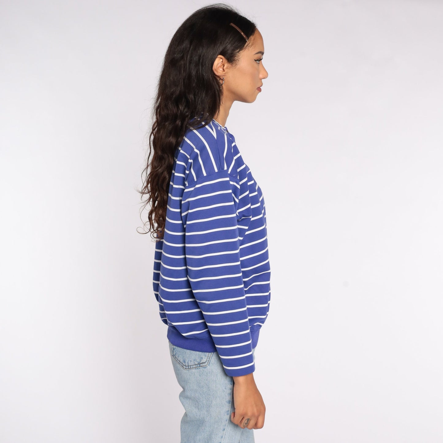 80s Purple Striped Long Sleeve Henley Top Large