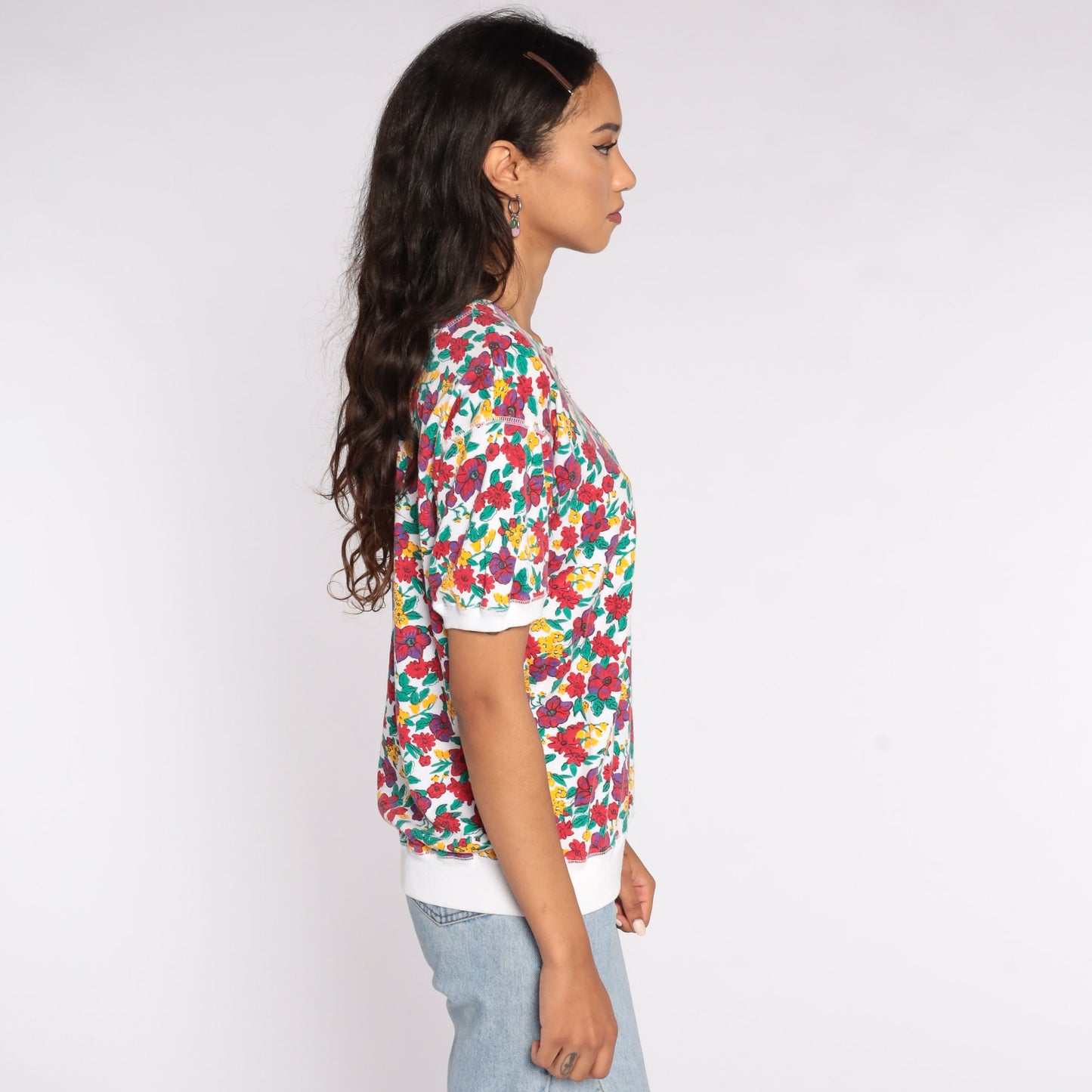 80s Floral Henley Shirt Red White Graphic Blouse Short Sleeve Large L