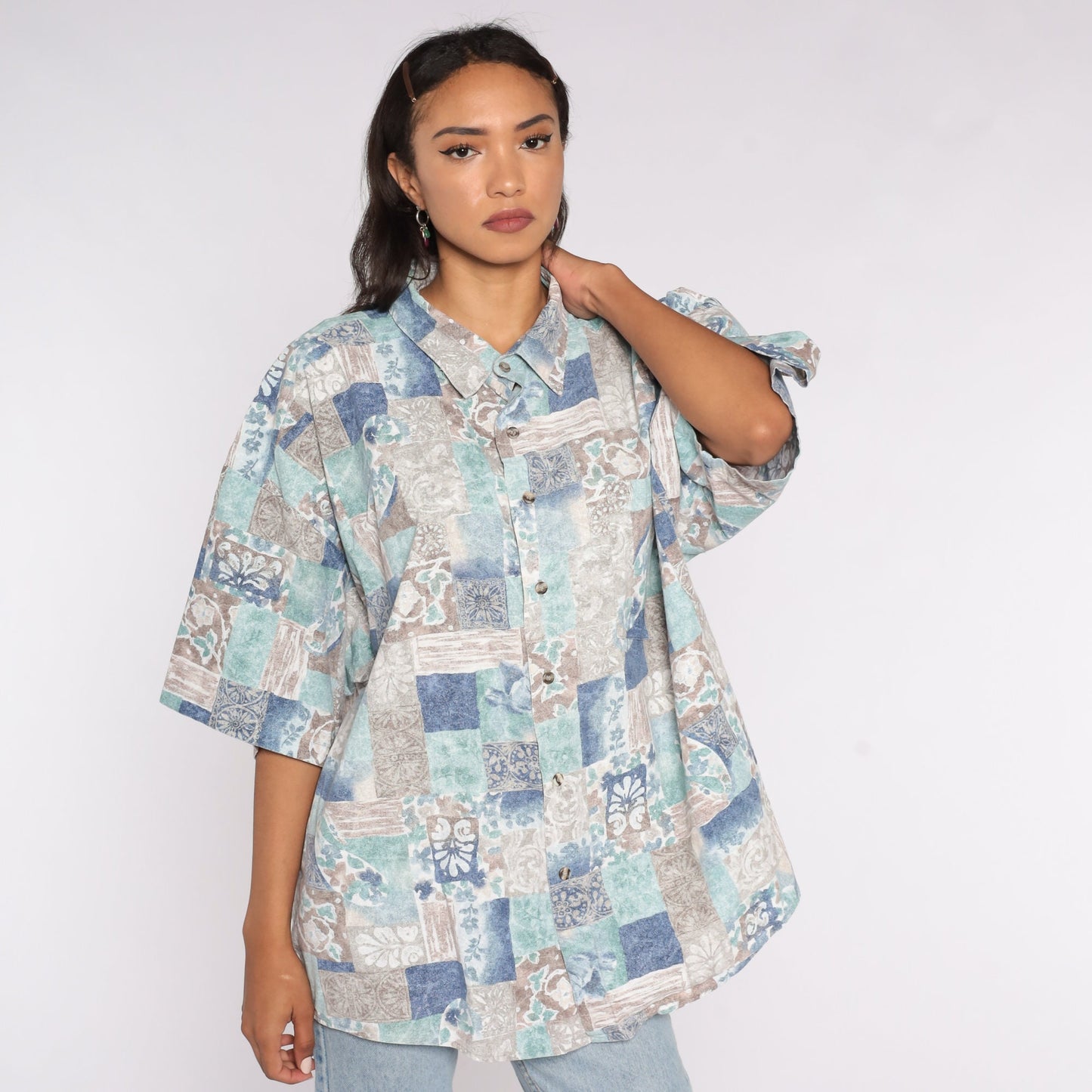 90s Floral Geometric Button-Up Blouse Blue Cotton XXL