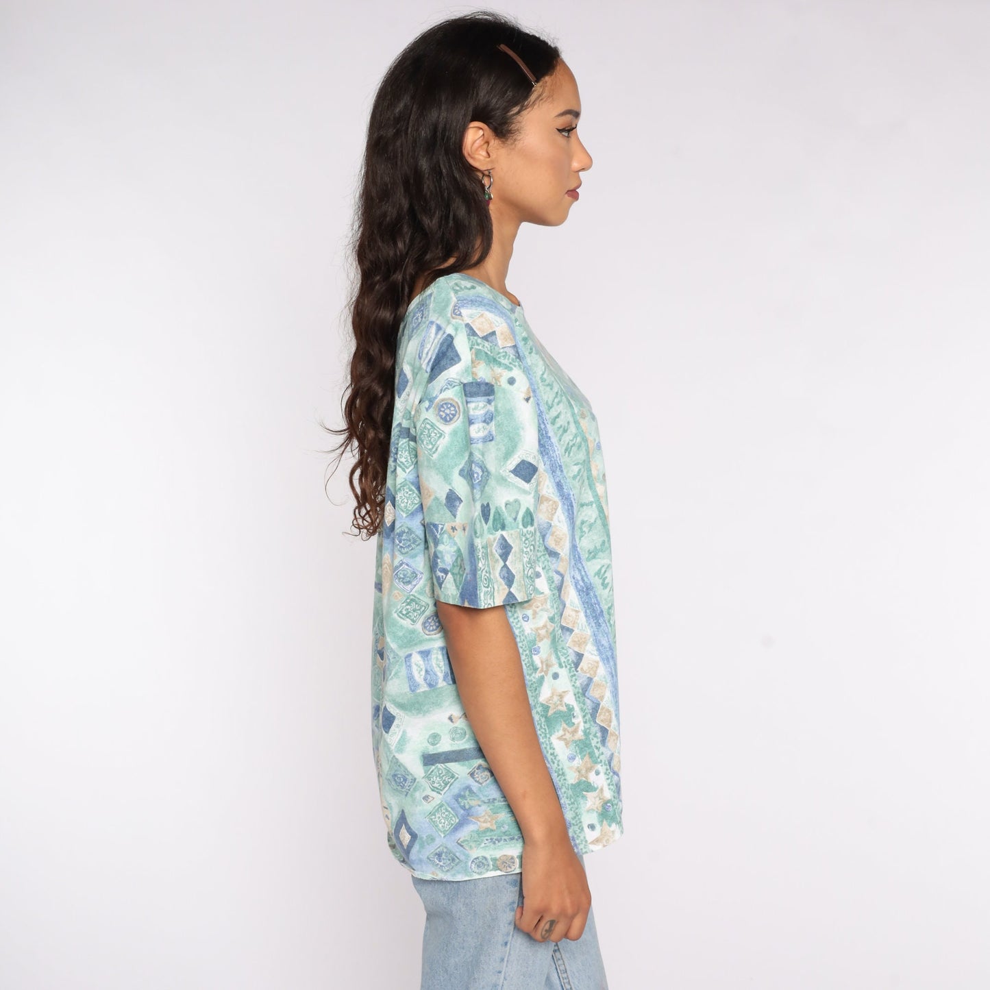 90s Geometric Graphic T-Shirt Green Grunge Tee Large XL