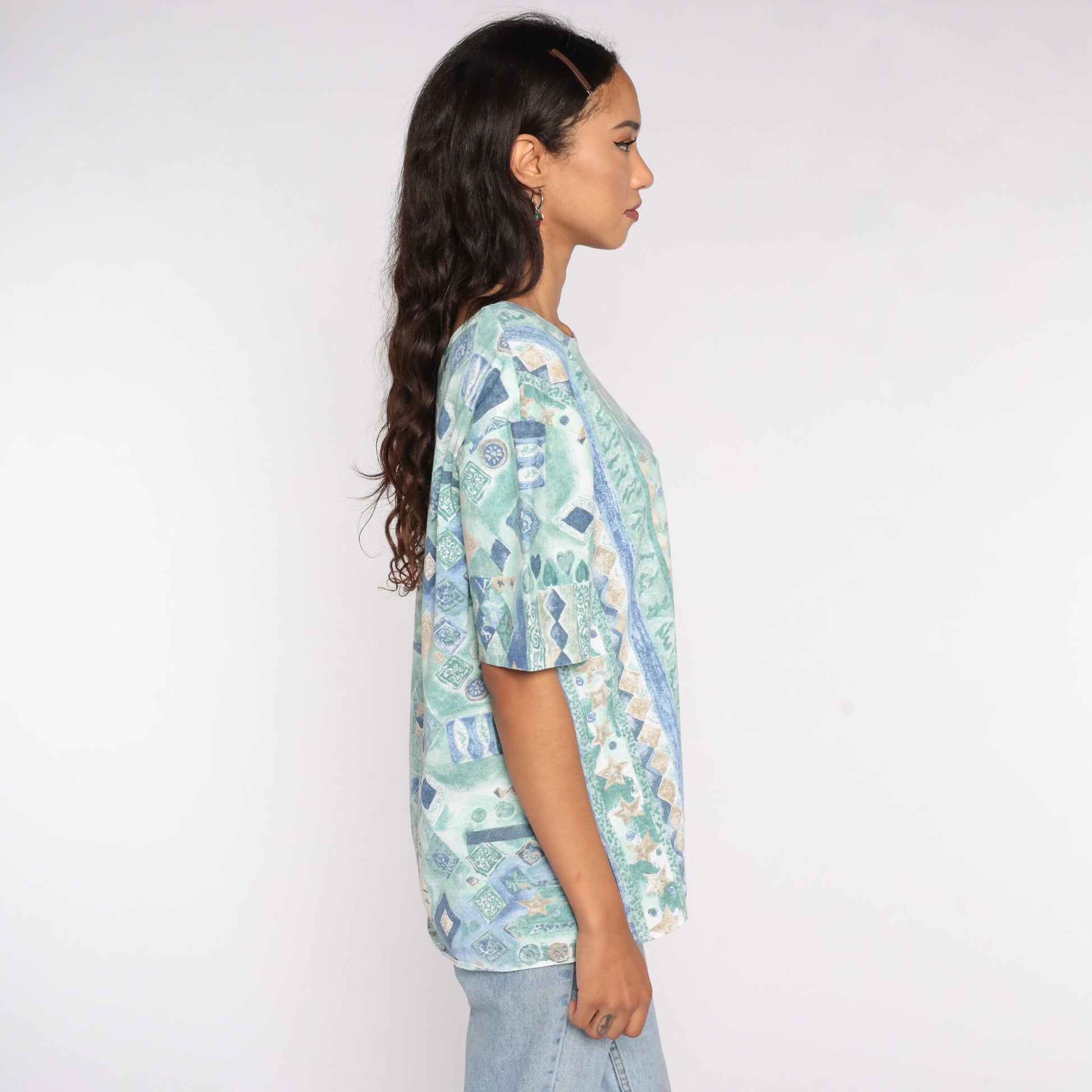 90s Geometric Graphic T-Shirt Green Grunge Tee Large XL