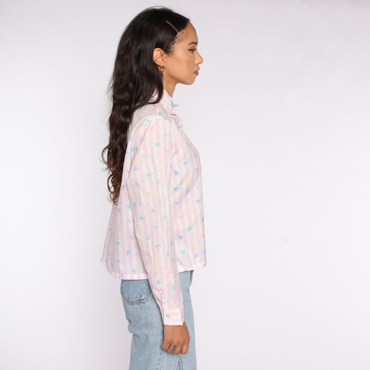 80s Pink Striped Brushstroke Button-Up Shirt Long Sleeve Collar Medium