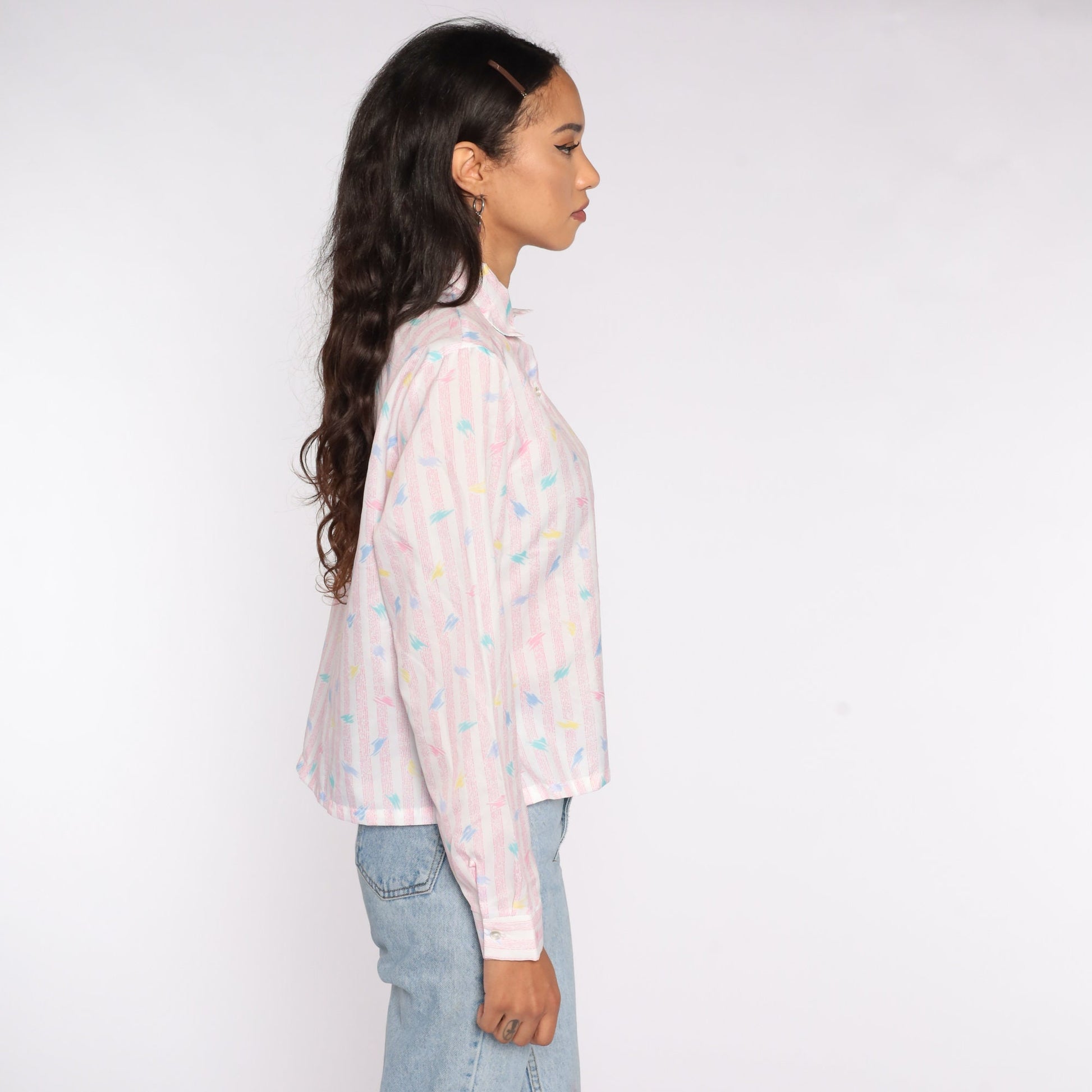 80s Pink Striped Brushstroke Button-Up Shirt Long Sleeve Collar Medium