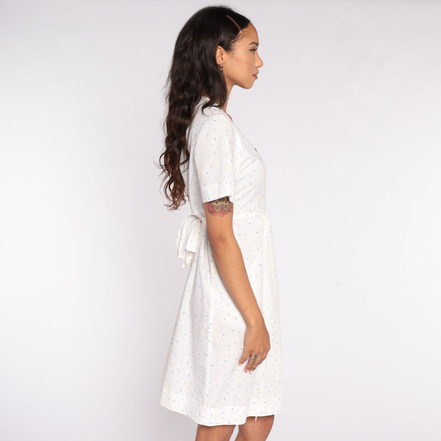 80s White Polka Dot Wrap Mini Dress V-Neck Short Sleeve Medium