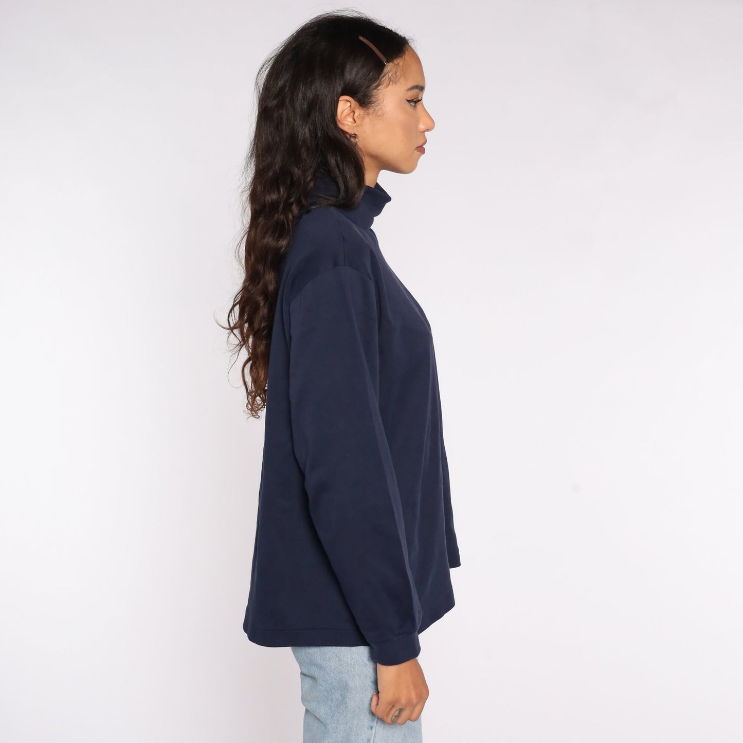 80s Navy Mock Neck Long Sleeve Shirt Cotton Top Extra Large XL