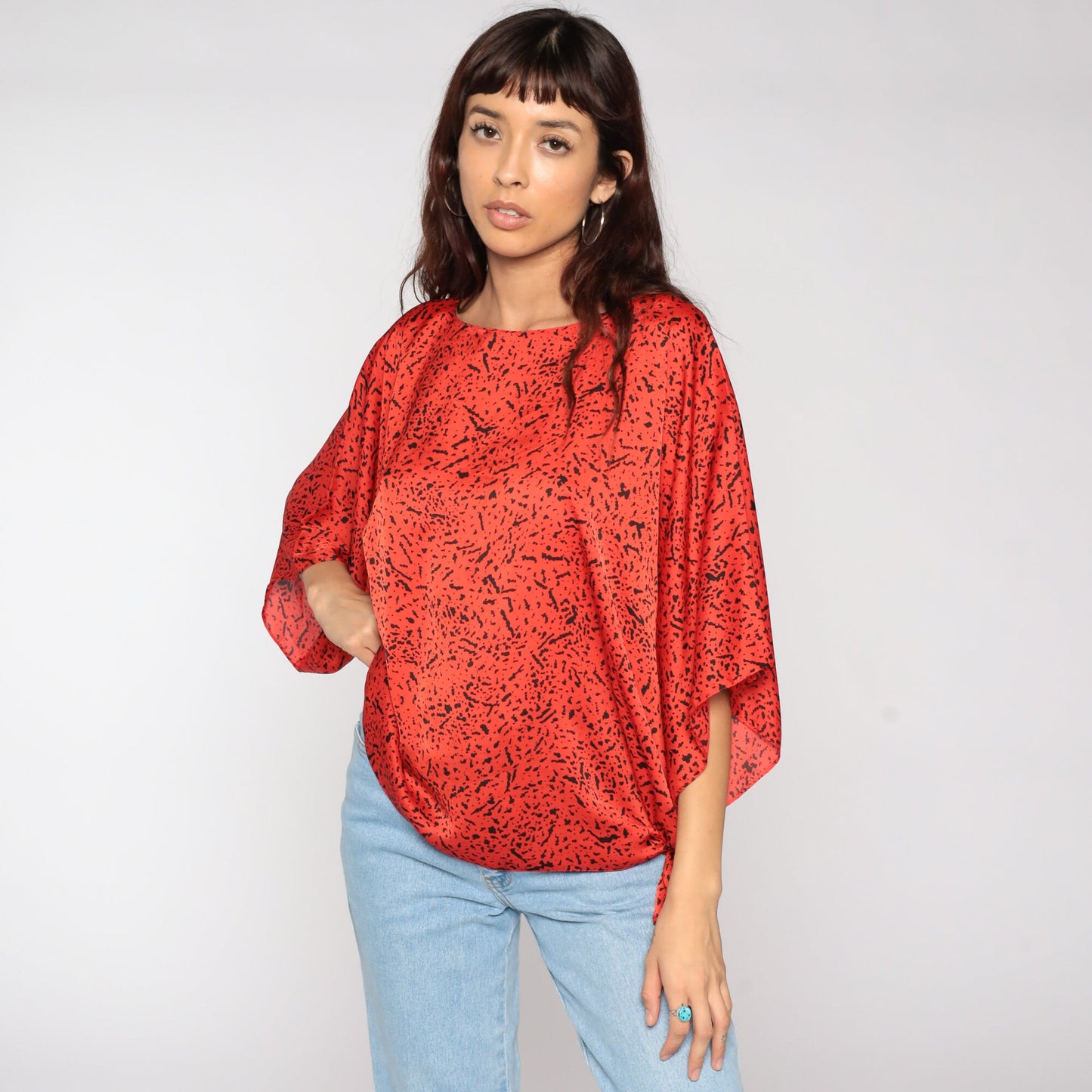 80s Red Confetti Flecked Dolman Blouse Plus Size XXL