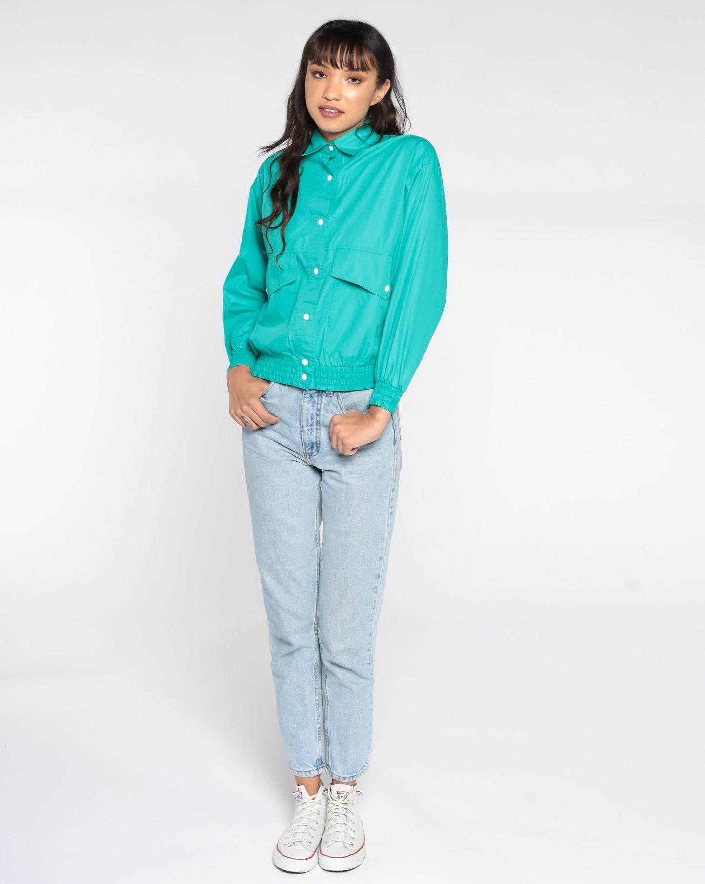80s Turquoise Bomber Jacket Button-Up Windbreaker Small S
