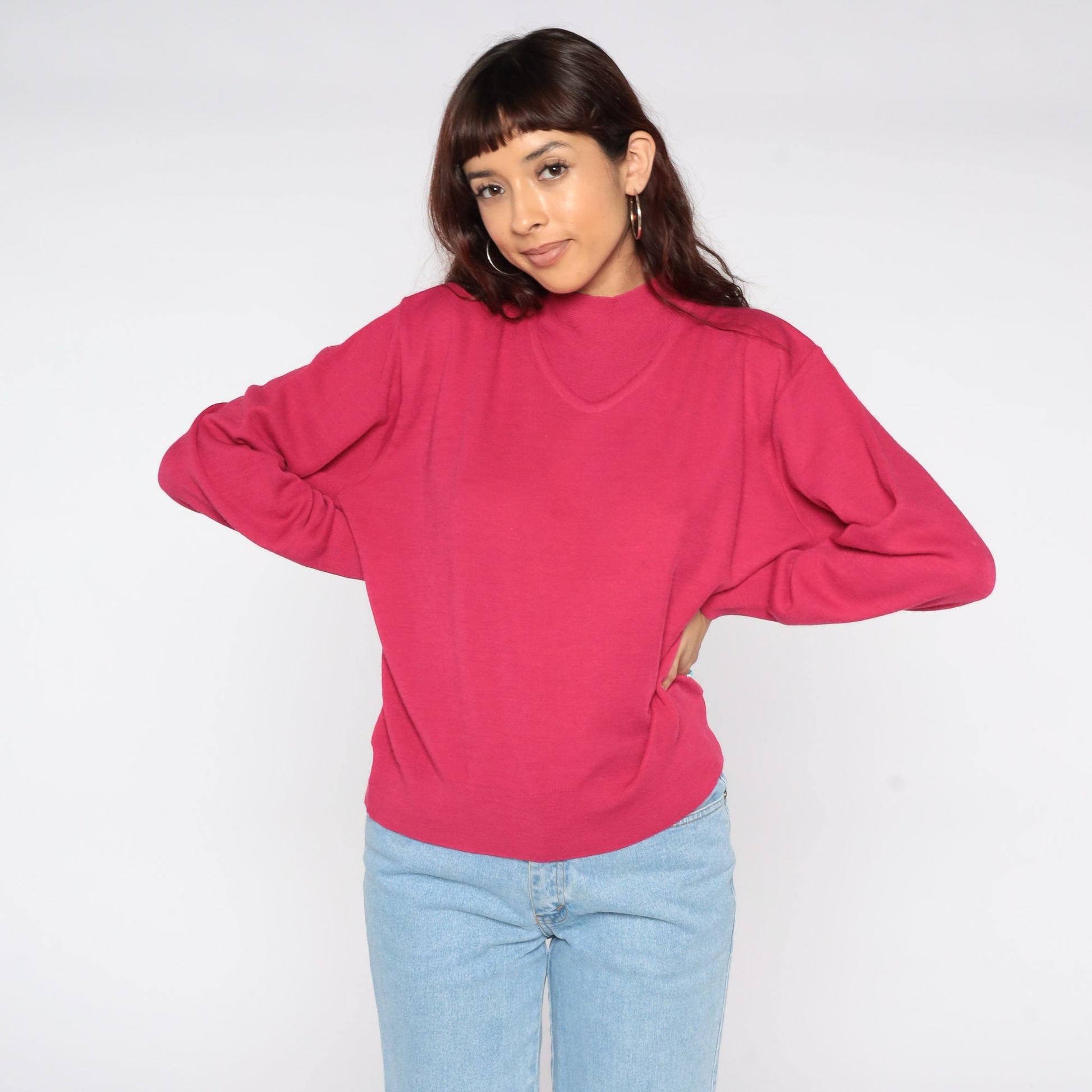 80s Deep Pink Wool Blend Pullover Sweater Knit Crewneck Medium Large