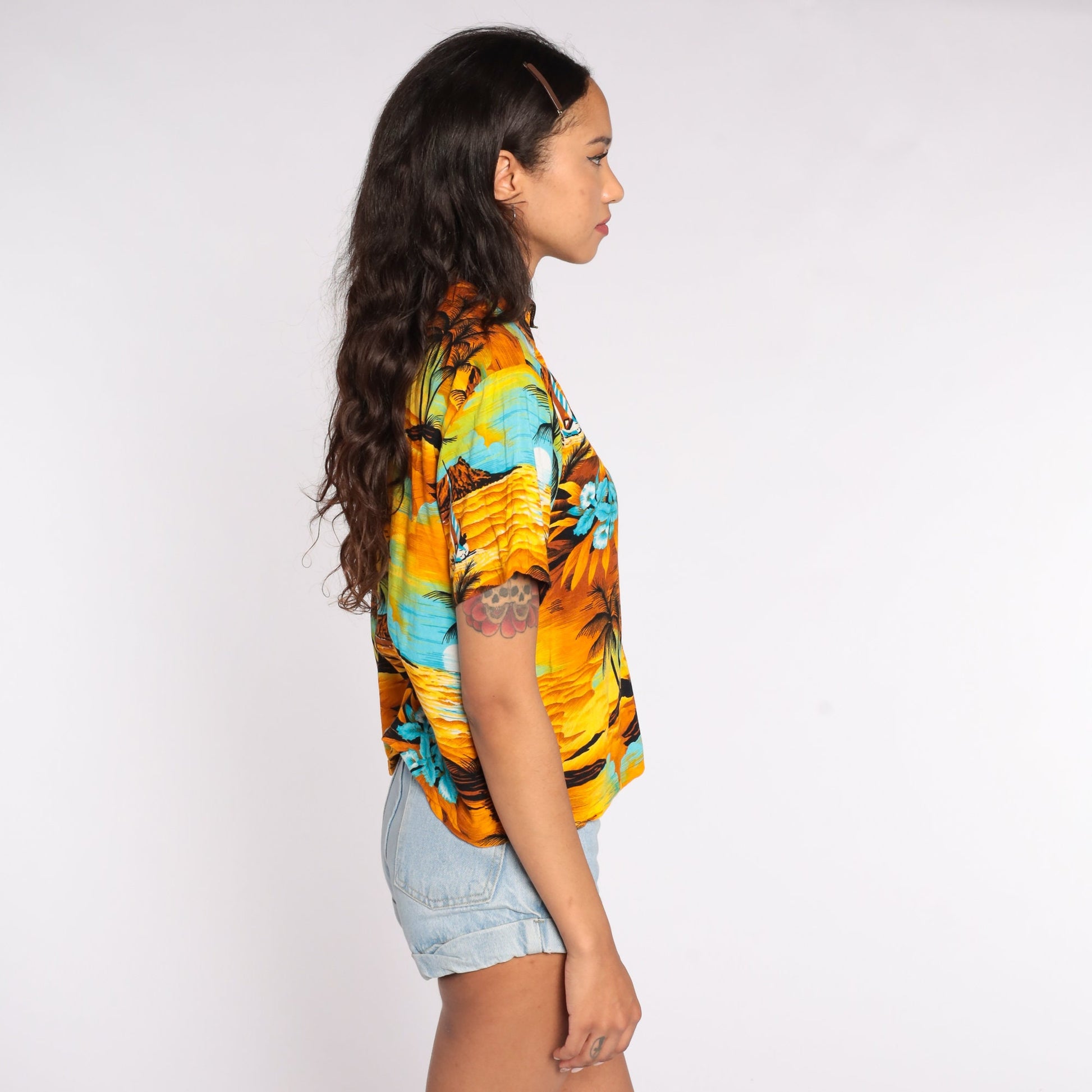 90s Hawaiian Sailboat Floral Print Button Up Shirt Yellow Small S